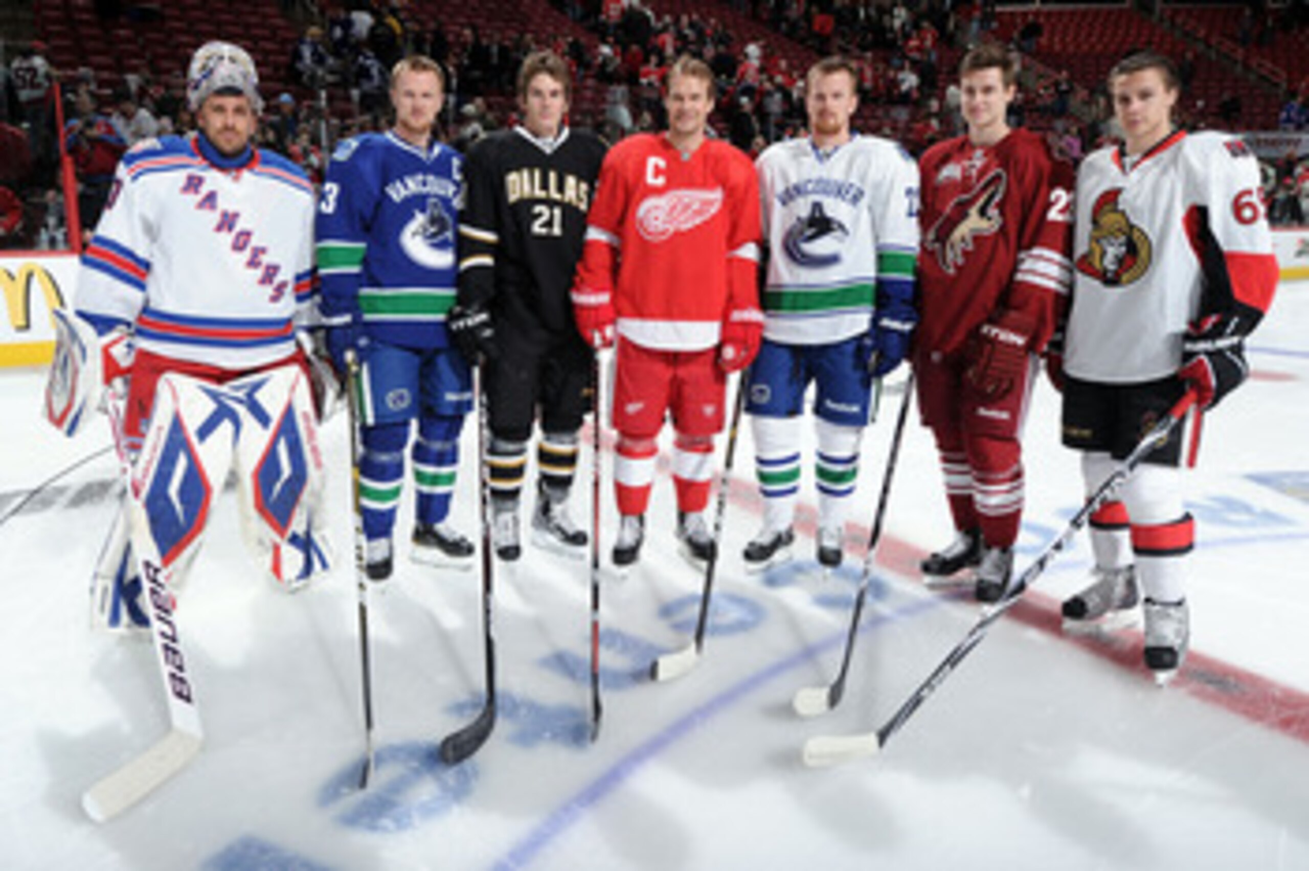 RALEIGH, NC - JANUARY 29:  (L-R) Henrik Lundqvist #30 of New York Rangers, Henrik Sedin #33 of the Vancouver Canucks, Loui Eriksson #21 of the Dallas Stars, Nicklas Lidstrom #5 of the Detroit Red Wings, Daniel Sedin #22 of the Vancouver Canucks, Oliver Ek