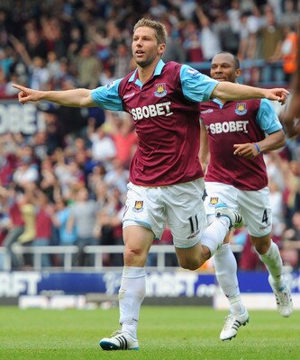 LONDON, ENGLAND - MAY 07:  Thomas Hitzlsperger of West Ham United celebrates scoring the equalising goal during the Barclays Premier League match between West Ham United and Blackburn Rovers at the Boleyn Ground on May 7, 2011 in London, England.  (Photo 