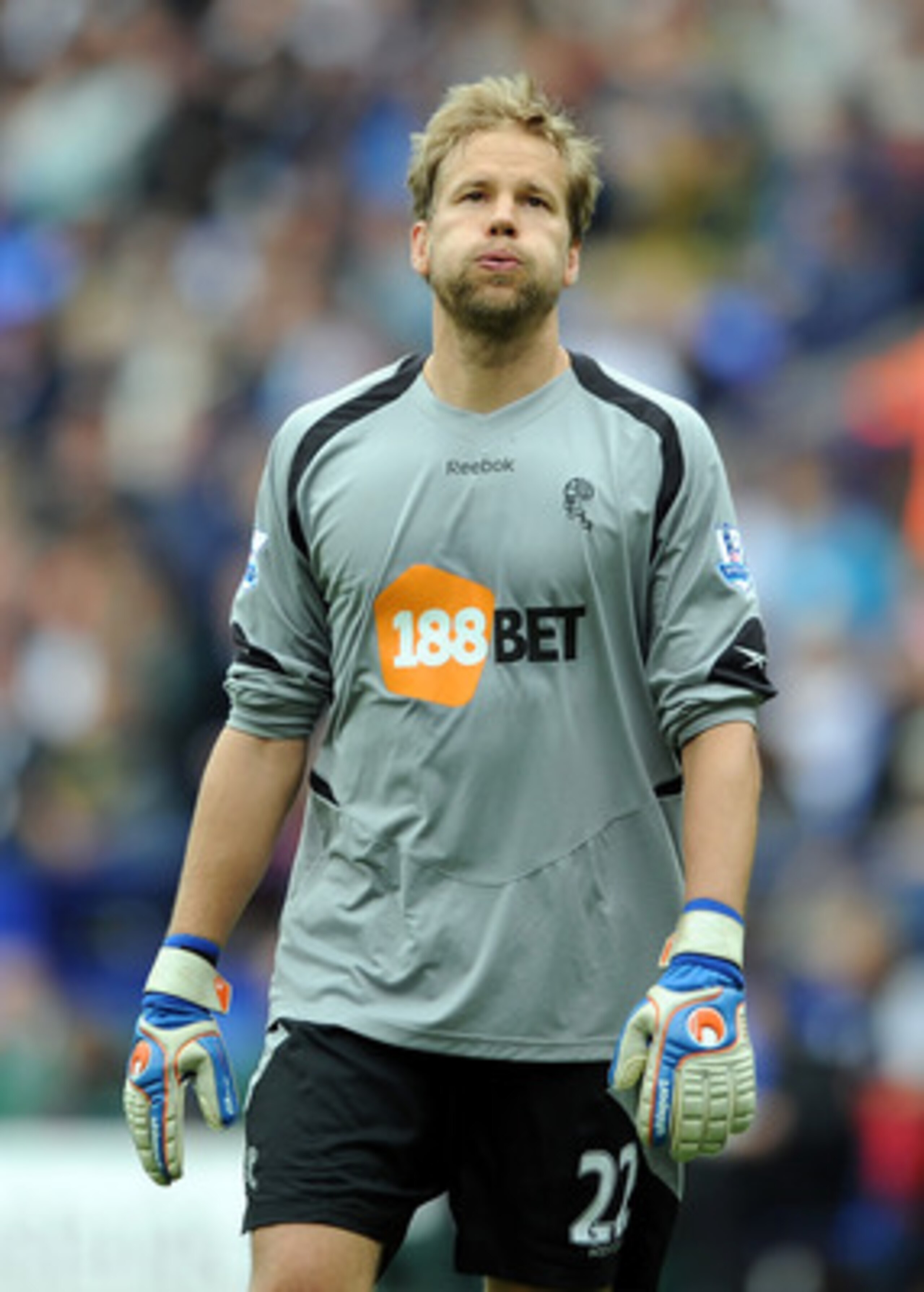 BOLTON, ENGLAND - MAY 07: Jussi Jaaskelainen of Bolton Wanderers reacts during the Barclays Premier League match between Bolton Wanderers and Sunderland at Reebok Stadium on May 7, 2011 in Bolton, England.  (Photo by Chris Brunskill/Getty Images)