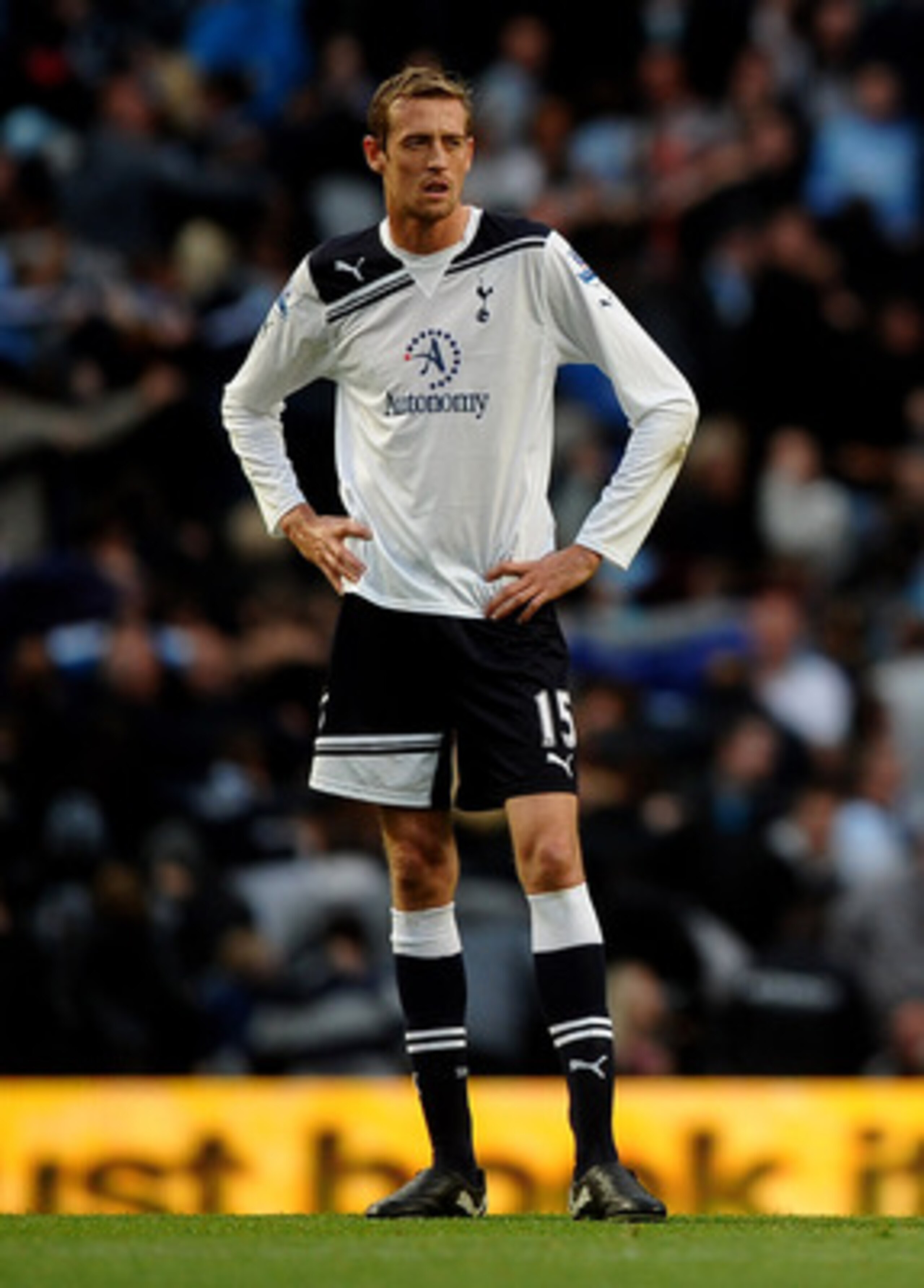 MANCHESTER, ENGLAND - MAY 10:  Peter Crouch  of Tottenham Hotspur looks dejected after scoring an own goal during the Barclays Premier League match between Manchester City and Tottenham Hotspur at the City of Manchester Stadium on May 10, 2011 in Manchest