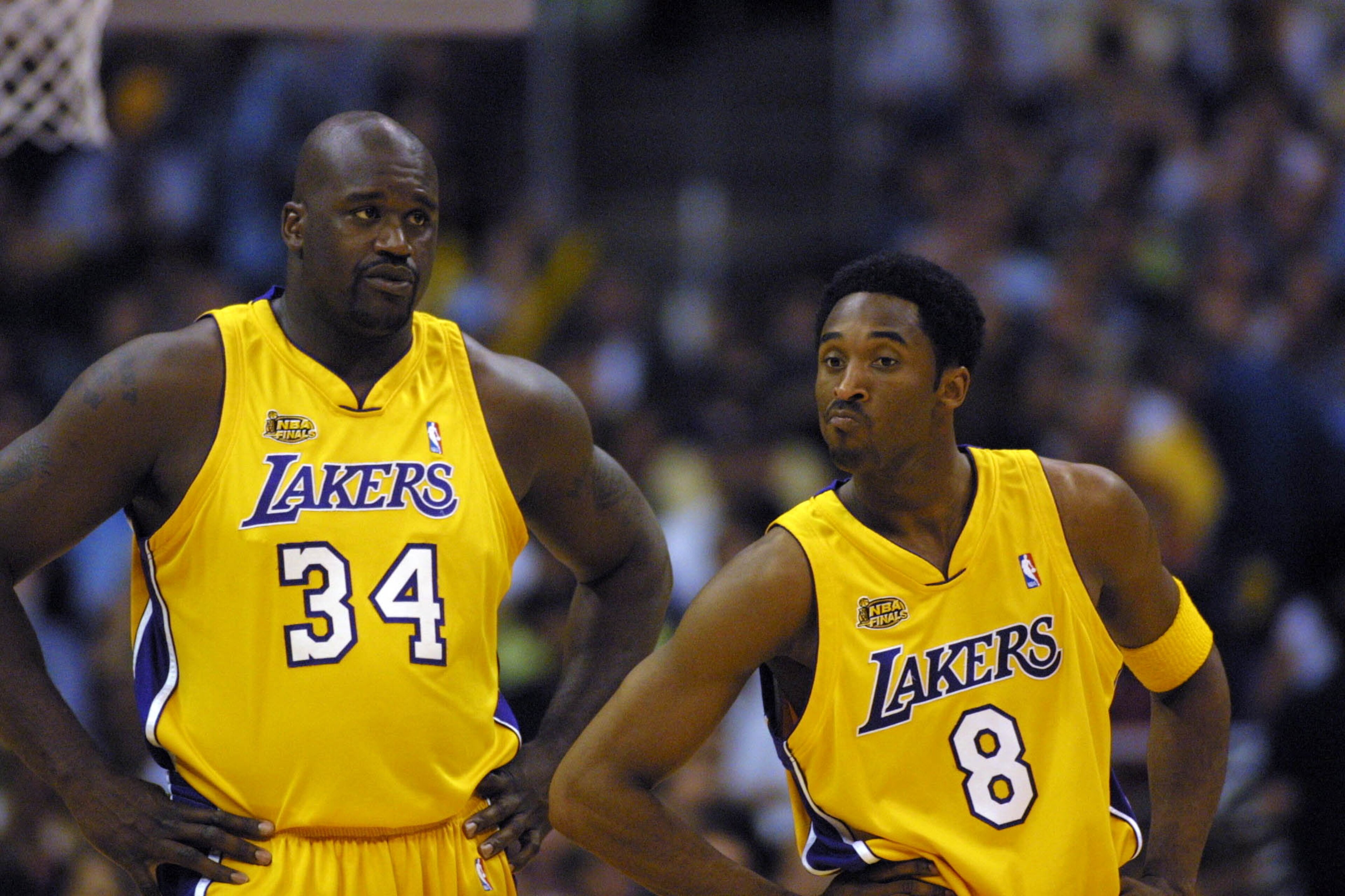 8 Jun 2001: Kobe Bryant #8 and Shaquille O''Neal #34 of the Los Angeles Lakers in game two of the NBA Finals against the Philadelphia 76ers at Staples Center in Los Angeles, California. The Lakers won 98-89. DIGITAL IMAGE. Mandatory Credit: Jed Jacobs 8 Jun 2001: Kobe Bryant #8 and Shaquille O''Neal #34 of the Los Angeles Lakers in game two of the NBA Finals against the Philadelphia 76ers at Staples Center in Los Angeles, California. The Lakers won 98-89. DIGITAL IMAGE. Mandatory Credit: Jed Jacobs