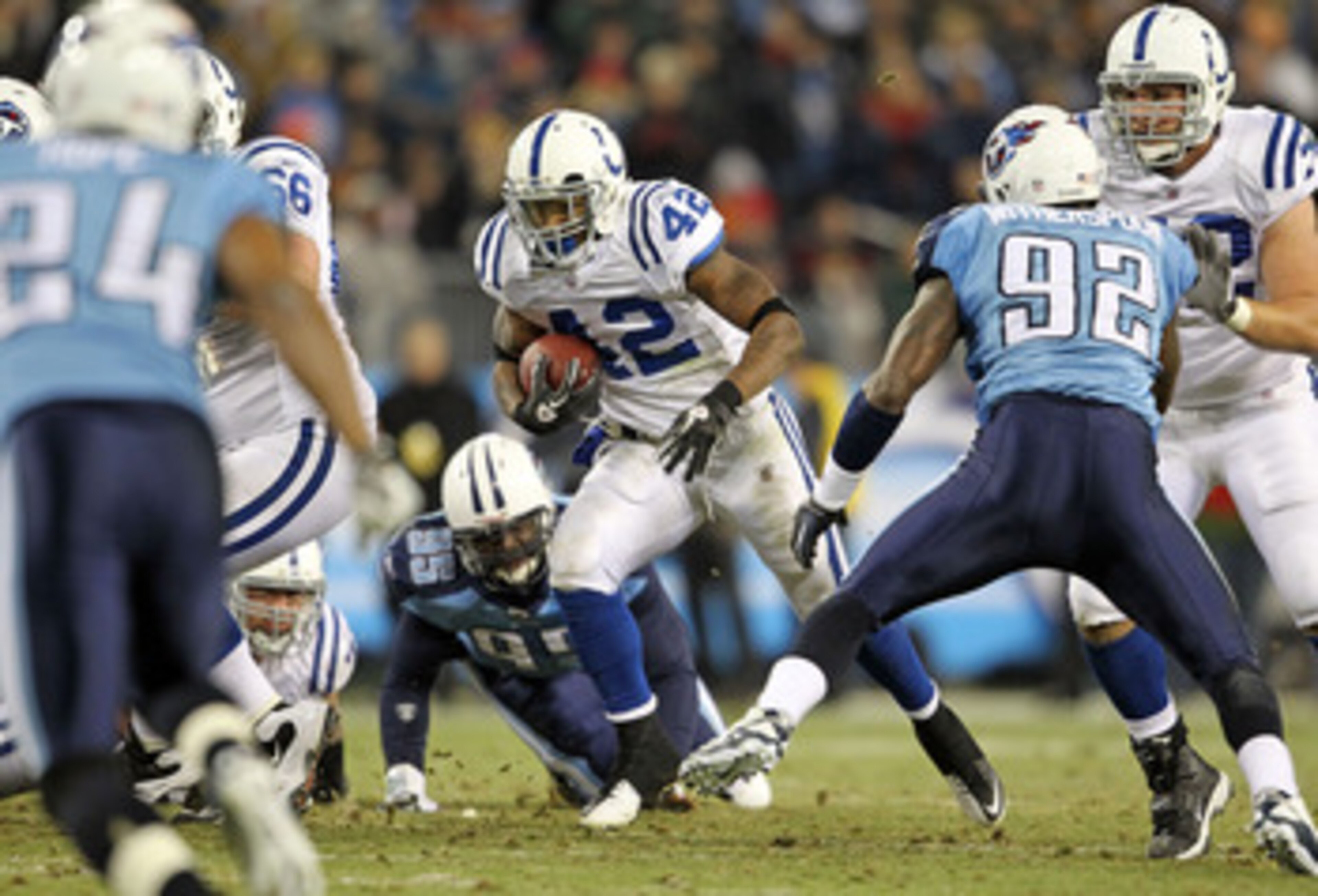 NASHVILLE, TN - DECEMBER 09:  Javarris James #42 of the Indianapolis Colts runs with the ball during the NFL game against the Tennessee Titans  at LP Field on December 9, 2010 in Nashville, Tennessee.  (Photo by Andy Lyons/Getty Images)
