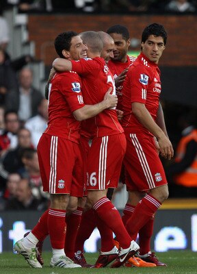 LONDON, ENGLAND - MAY 09:  Maxi Rodriguez of Liverpool celebrates the opening goal  during the Barclays Premier League match between Fulham and Liverpool at Craven Cottage on May 9, 2011 in London, England.  (Photo by Scott Heavey/Getty Images)