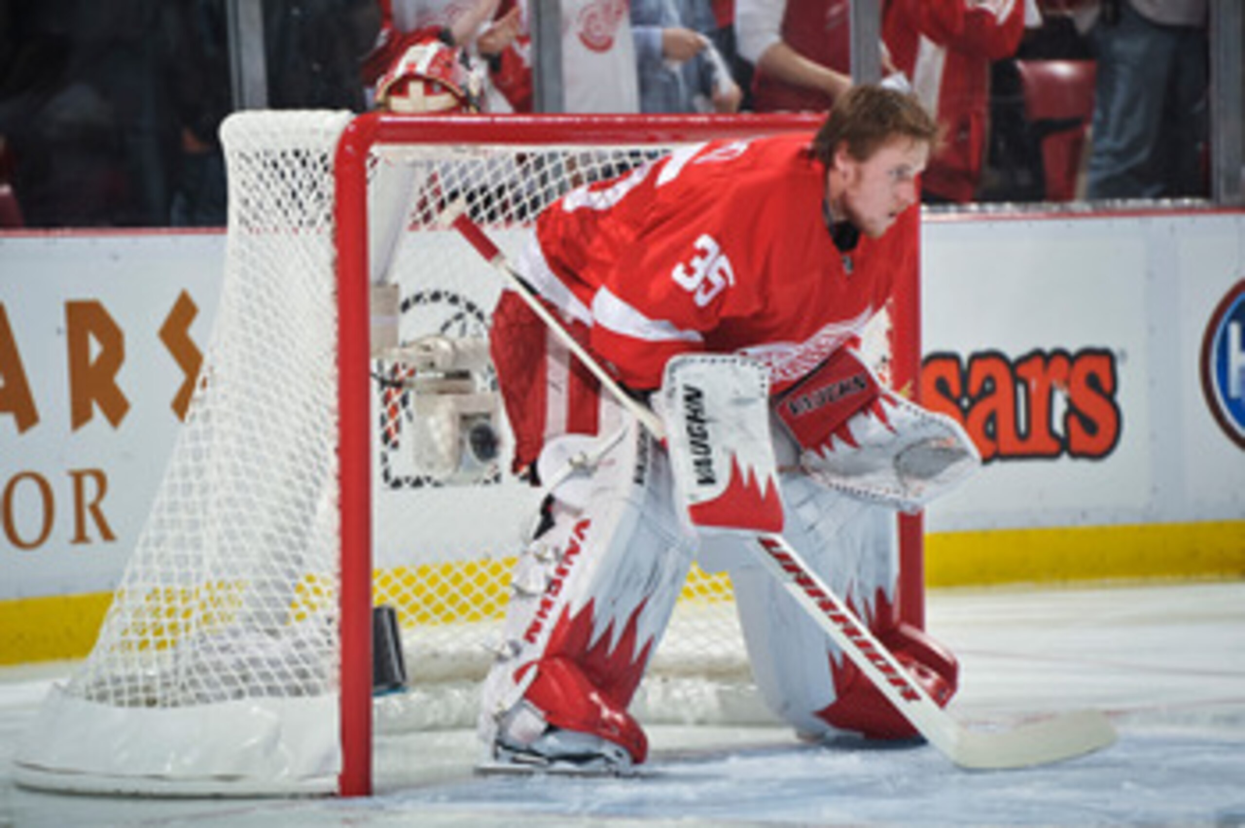 DETROIT - MAY 4: Goaltender Jimmy Howard #35 of the Detroit Red Wings waits for the start of Game Three of the Western Conference Semifinals against the San Jose Sharks during the 2011 NHL Stanley Cup Playoffs on May 4, 2011 at Joe Louis Arena in Detroit,
