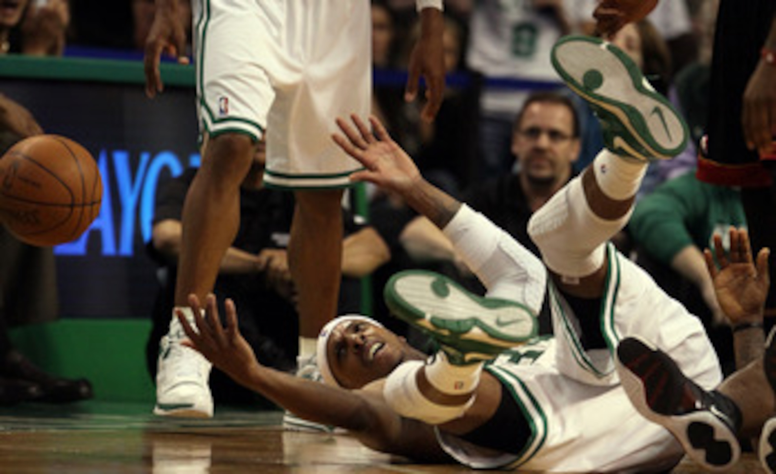 BOSTON, MA - MAY 09:  Paul Pierce #34 tries to pass the ball in a scramble against the Miami Heat in Game Four of the Eastern Conference Semifinals in the 2011 NBA Playoffs on May 9, 2011 at the TD Garden in Boston, Massachusetts.  The Miami Heat defeated