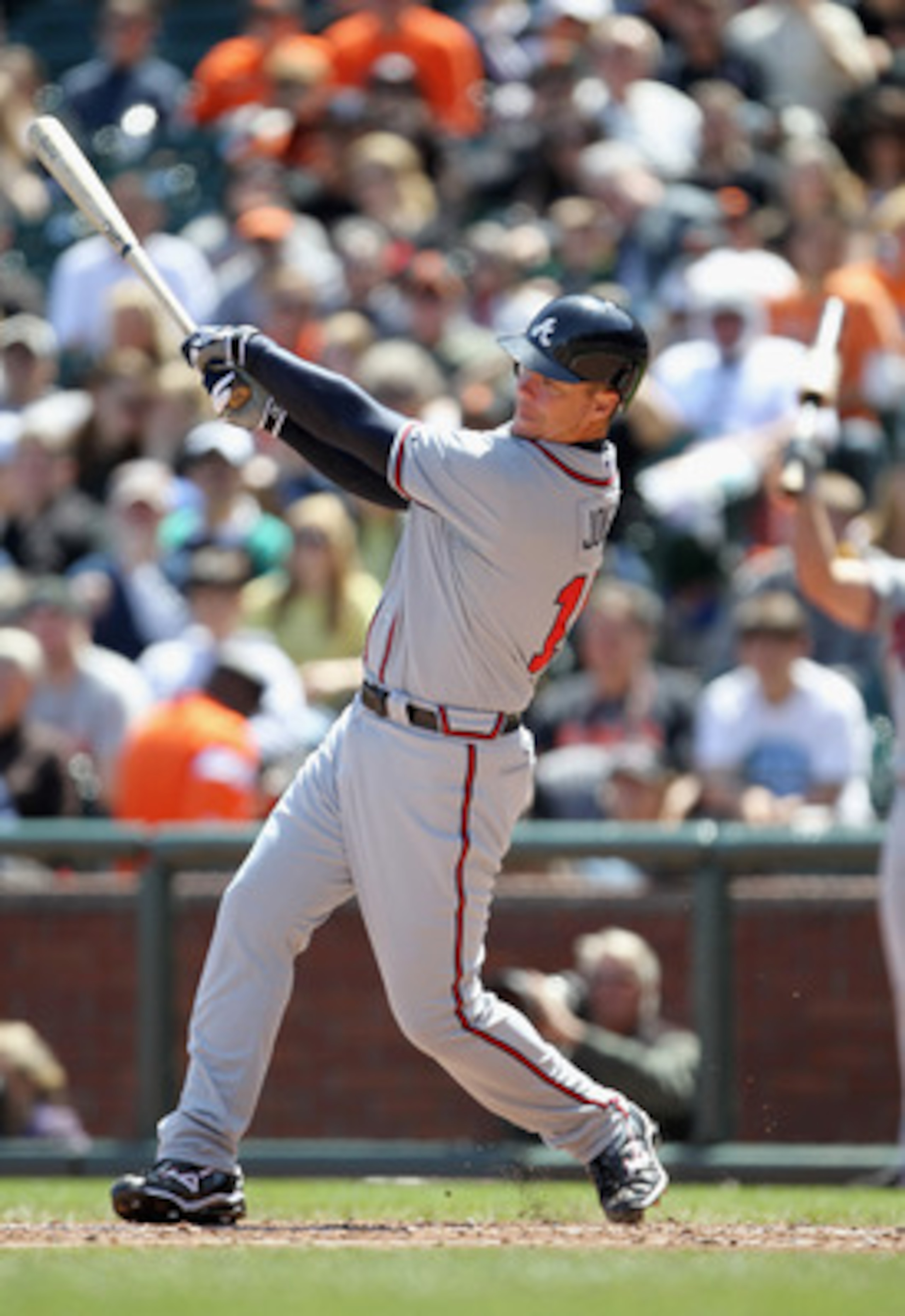 SAN FRANCISCO, CA - APRIL 24: Chipper Jones #10 of the Atlanta Braves in action against the San Francisco Giants at AT&T Park on April 24, 2011 in San Francisco, California. (Photo by Ezra Shaw/Getty Images) SAN FRANCISCO, CA - APRIL 24: Chipper Jones #10 of the Atlanta Braves in action against the San Francisco Giants at AT&T Park on April 24, 2011 in San Francisco, California. (Photo by Ezra Shaw/Getty Images)