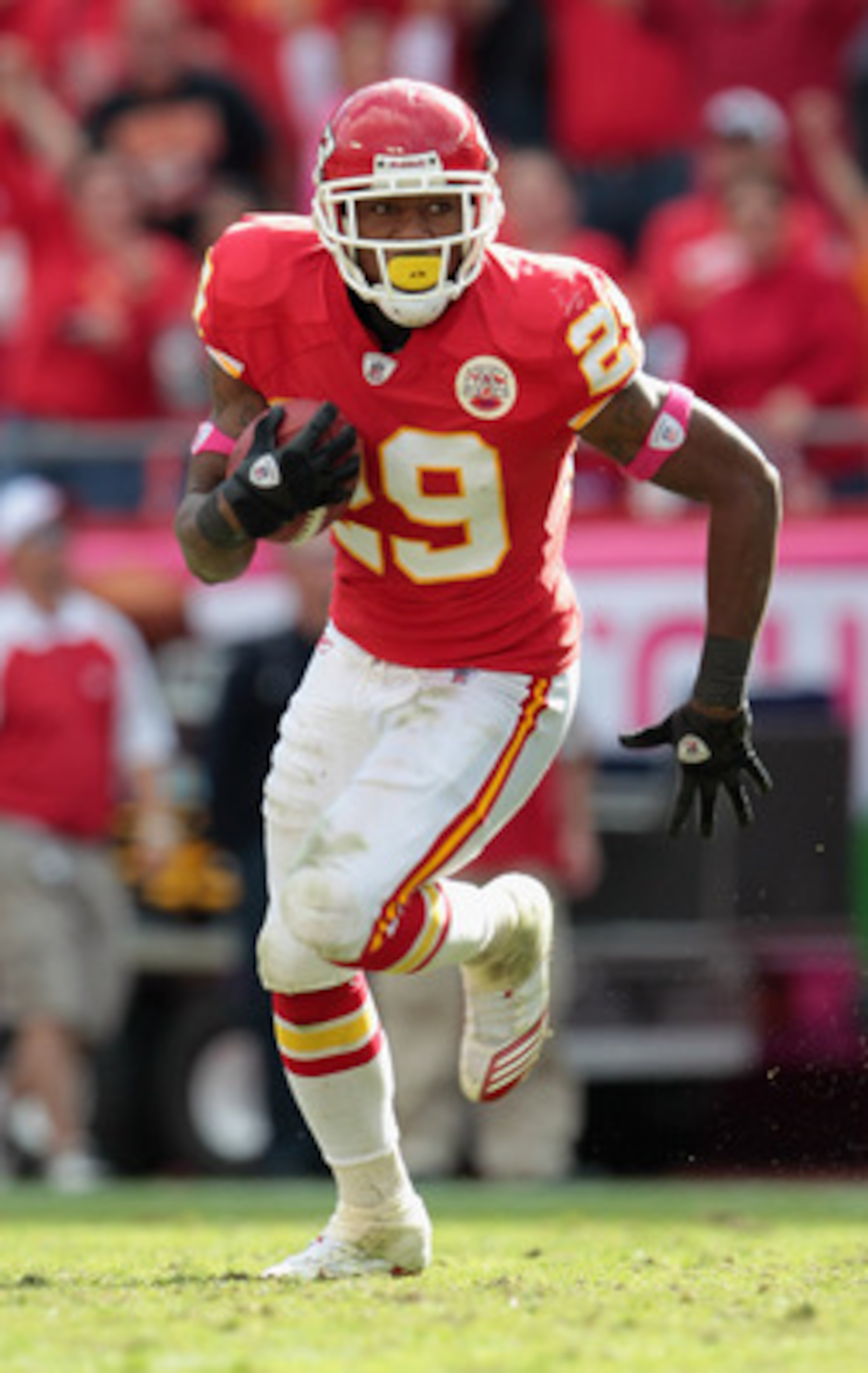 KANSAS CITY, MO - OCTOBER 24:  Safety Eric Berry #29 of the Kansas City Chiefs carries the ball after making an interception during the game against the Jacksonville Jaguars on October 24, 2010 at Arrowhead Stadium in Kansas City, Missouri.  (Photo by Jam