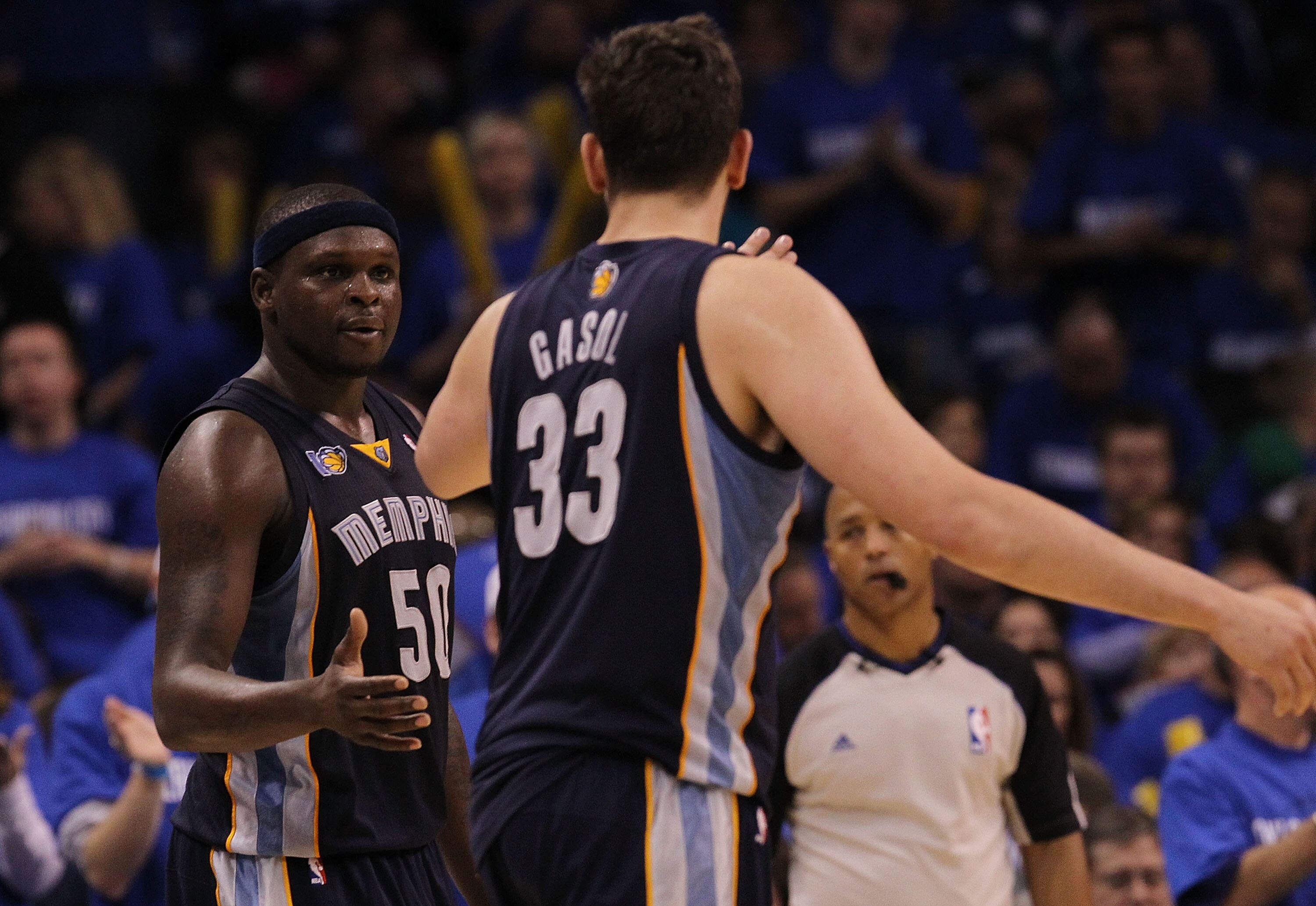OKLAHOMA CITY, OK - MAY 01:  Forward Zach Randolph #50  and Marc Gasol #33 of the Memphis Grizzlies celebrate a 114-101 win against the Oklahoma City Thunder in Game One of the Western Conference Semifinals in the 2011 NBA Playoffs on May 1, 2011 at Oklah