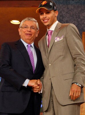 NEW YORK - JUNE 25:  NBA Commissioner David Stern poses for a photograph with the seventh overall draft pick by the Golden State Warriors,  Stephen Curry during the 2009 NBA Draft at the Wamu Theatre at Madison Square Garden June 25, 2009 in New York City