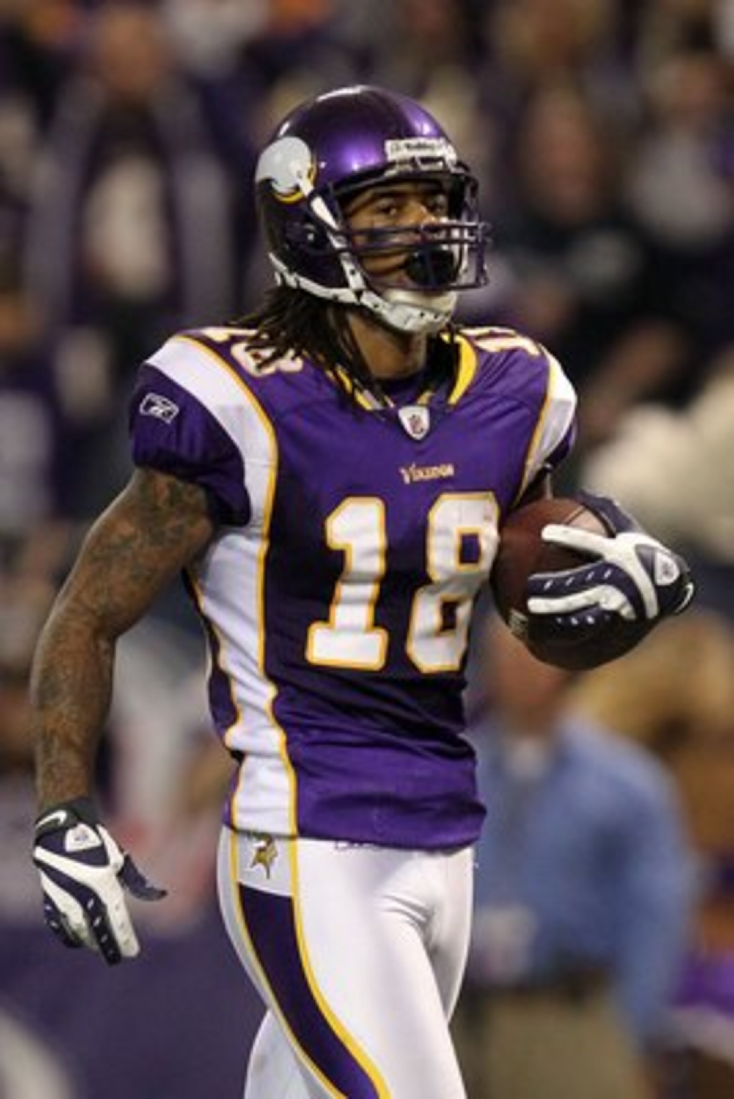 MINNEAPOLIS - JANUARY 17: Wide receiver Sidney Rice #18 of the Minnesota Vikings looks on after scoring a touchdown against the Dallas Cowboys during the NFC Divisional Playoff Game at Hubert H. Humphrey Metrodome on January 17, 2010 in Minneapolis, Minn MINNEAPOLIS - JANUARY 17: Wide receiver Sidney Rice #18 of the Minnesota Vikings looks on after scoring a touchdown against the Dallas Cowboys during the NFC Divisional Playoff Game at Hubert H. Humphrey Metrodome on January 17, 2010 in Minneapolis, Minn