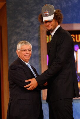 NEW YORK - JUNE 26:  NBA Commissioner David Stern shakes hands with number fifteen draft pick for the Phoenix Suns, Robin Lopez during the 2008 NBA Draft at the Wamu Theatre at Madison Square Garden June 26, 2008 in New York City. NOTE TO USER: User expre