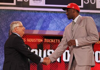 NEW YORK - JUNE 24:  Patrick Patterson stands with NBA Commisioner David Stern after being drafted fourteenth by The Houston Rockets  at Madison Square Garden on June 24, 2010 in New York City.  NOTE TO USER: User expressly acknowledges and agrees that, b