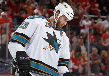 DETROIT - MAY 10: Joe Thornton #19 of the San Jose Sharks looks down in the final seconds of a 3-1 loss to the Detroit Red Wings in Game Six of the Western Conference Semifinals during the 2011 NHL Stanley Cup Playoffs on May 10, 2011 at Joe Louis Arena i