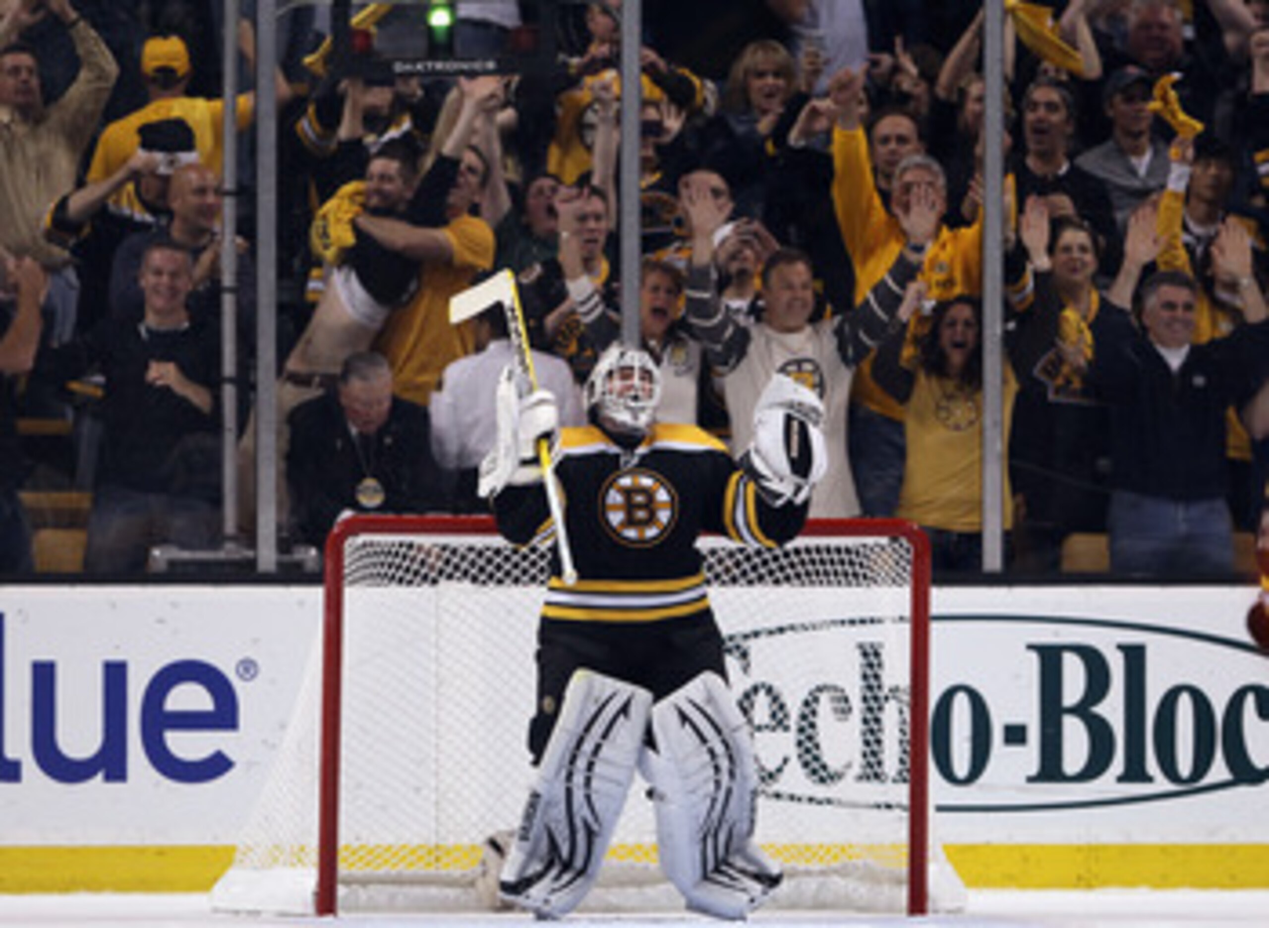 BOSTON, MA - MAY 06:  Tim Thomas #30 of the Boston Bruins celebrates after Game Four of the Eastern Conference Semifinals during the 2011 NHL Stanley Cup Playoffs at TD Garden on May 6, 2011 in Boston, Massachusetts. The Boston Bruins defeated the Philade
