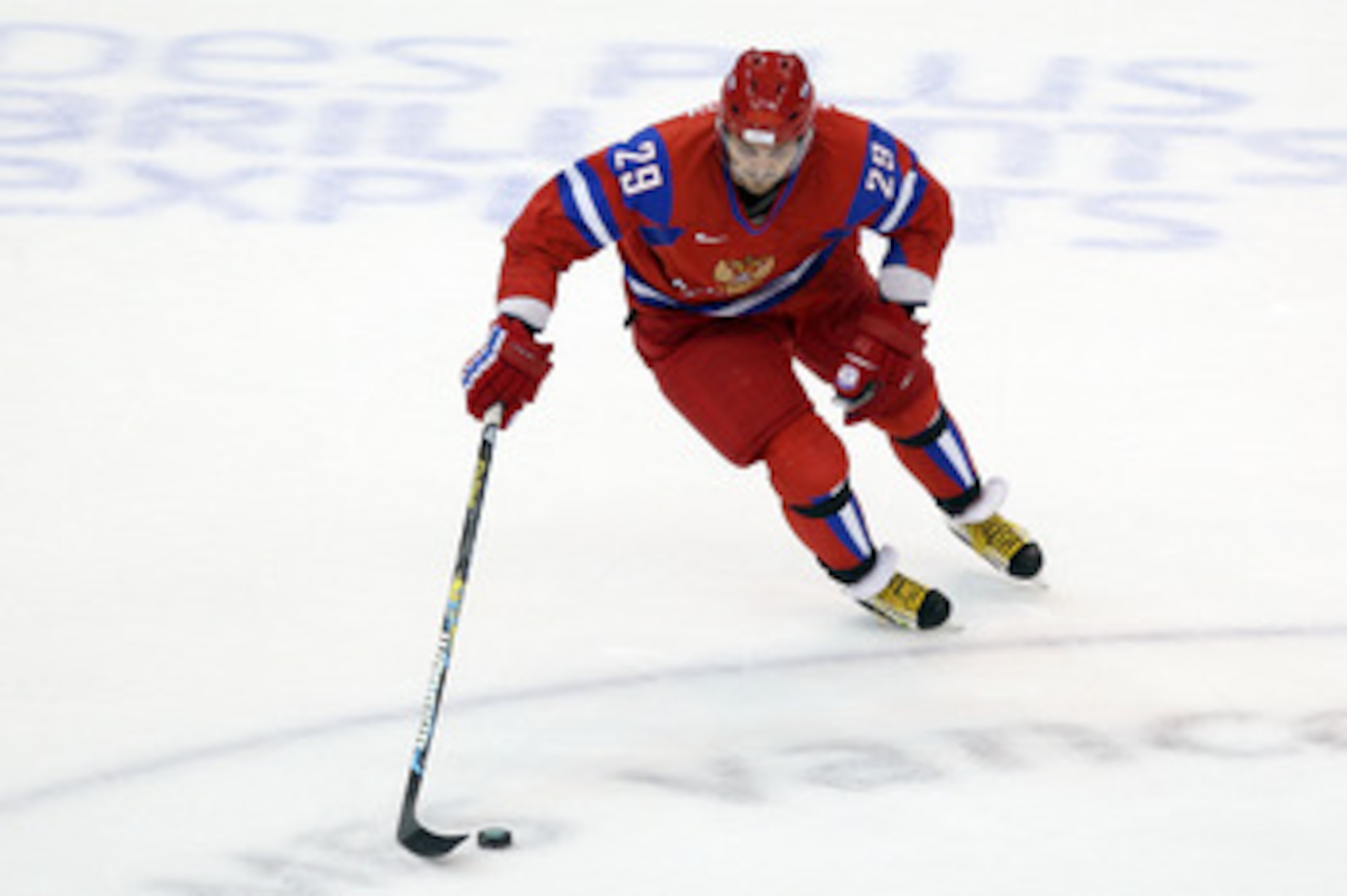 VANCOUVER, BC - FEBRUARY 24:  Sergey Fedorov #29 of Russia controls the puck during the ice hockey men's quarter final game between Russia and Canada on day 13 of the Vancouver 2010 Winter Olympics at Canada Hockey Place on February 24, 2010 in Vancouver,