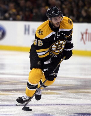 BOSTON, MA - MAY 06:  David Krejci #46 of the Boston Bruins takes the puck in the third period against the Philadelphia Flyers in Game Four of the Eastern Conference Semifinals during the 2011 NHL Stanley Cup Playoffs at TD Garden on May 6, 2011 in Boston