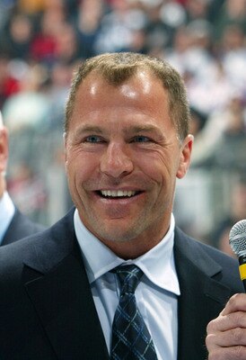 TORONTO, ON - NOVEMBER 11: Scott Stevens who will be inducted into the Hockey Hall of Fame is interviewed during pre game ceremonies at the Legends Classic Game on November 11, 2007 at the Air Canada Centre in Toronto, Ontario, Canada.  (Photo by Bruce Be