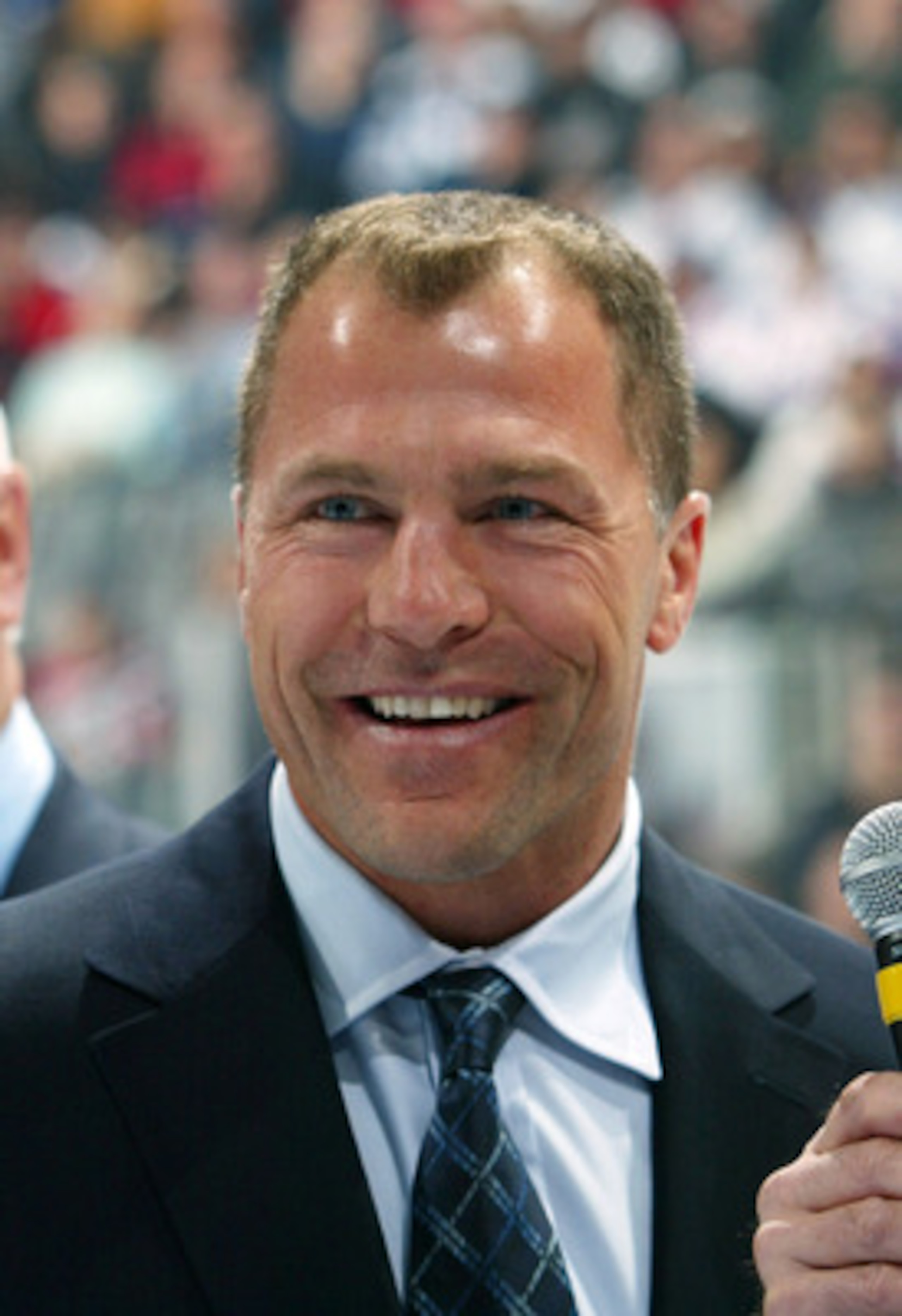TORONTO, ON - NOVEMBER 11: Scott Stevens who will be inducted into the Hockey Hall of Fame is interviewed during pre game ceremonies at the Legends Classic Game on November 11, 2007 at the Air Canada Centre in Toronto, Ontario, Canada.  (Photo by Bruce Be