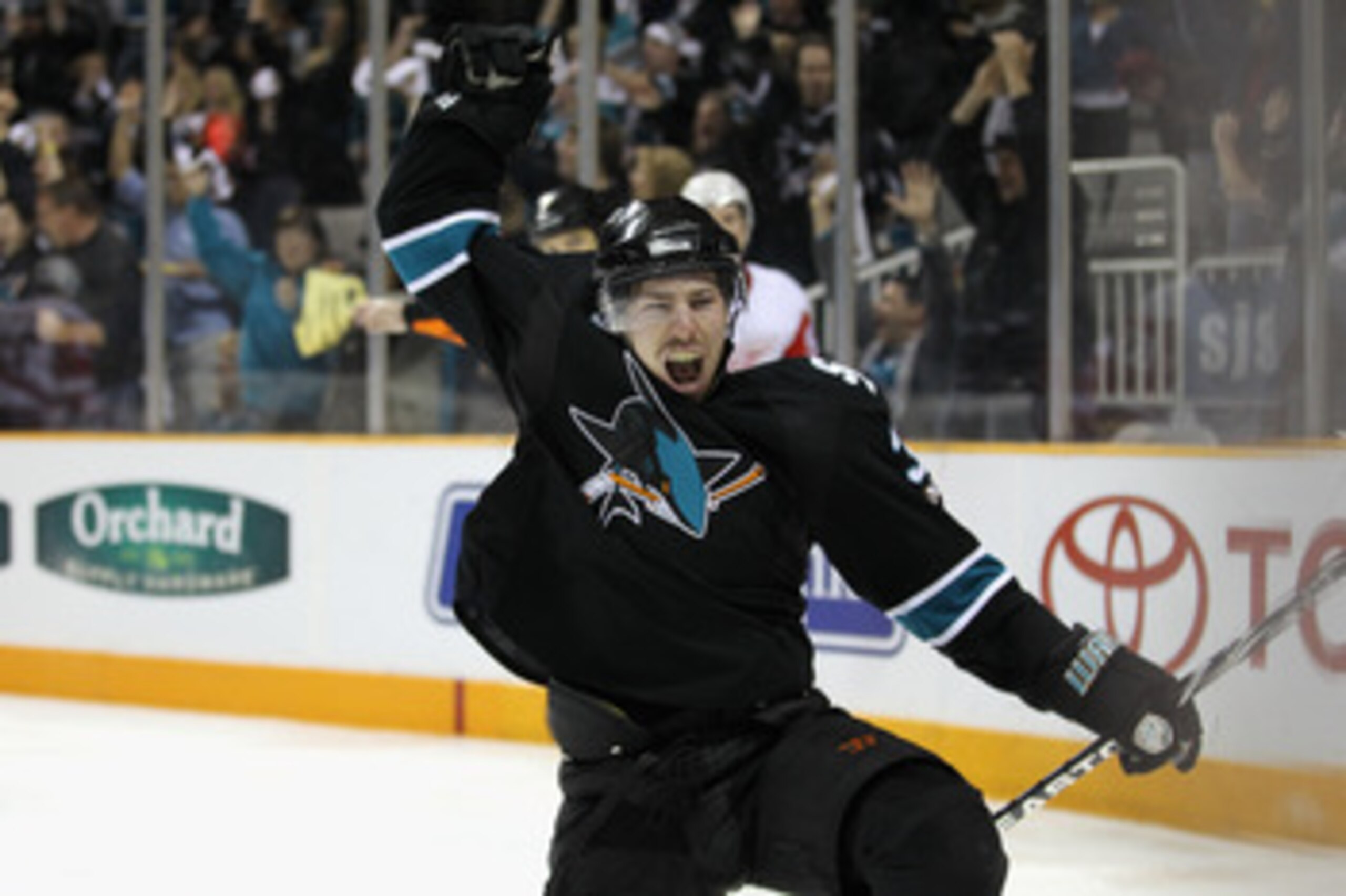 SAN JOSE, CA - MAY 08:  Logan Couture #39 of the San Jose Sharks celebrates after he scored a goal to put the Sharks up 3-1 over the Detroit Red Wings in Game Five of the Western Conference Semifinals during the 2011 NHL Stanley Cup Playoffs at HP Pavilio