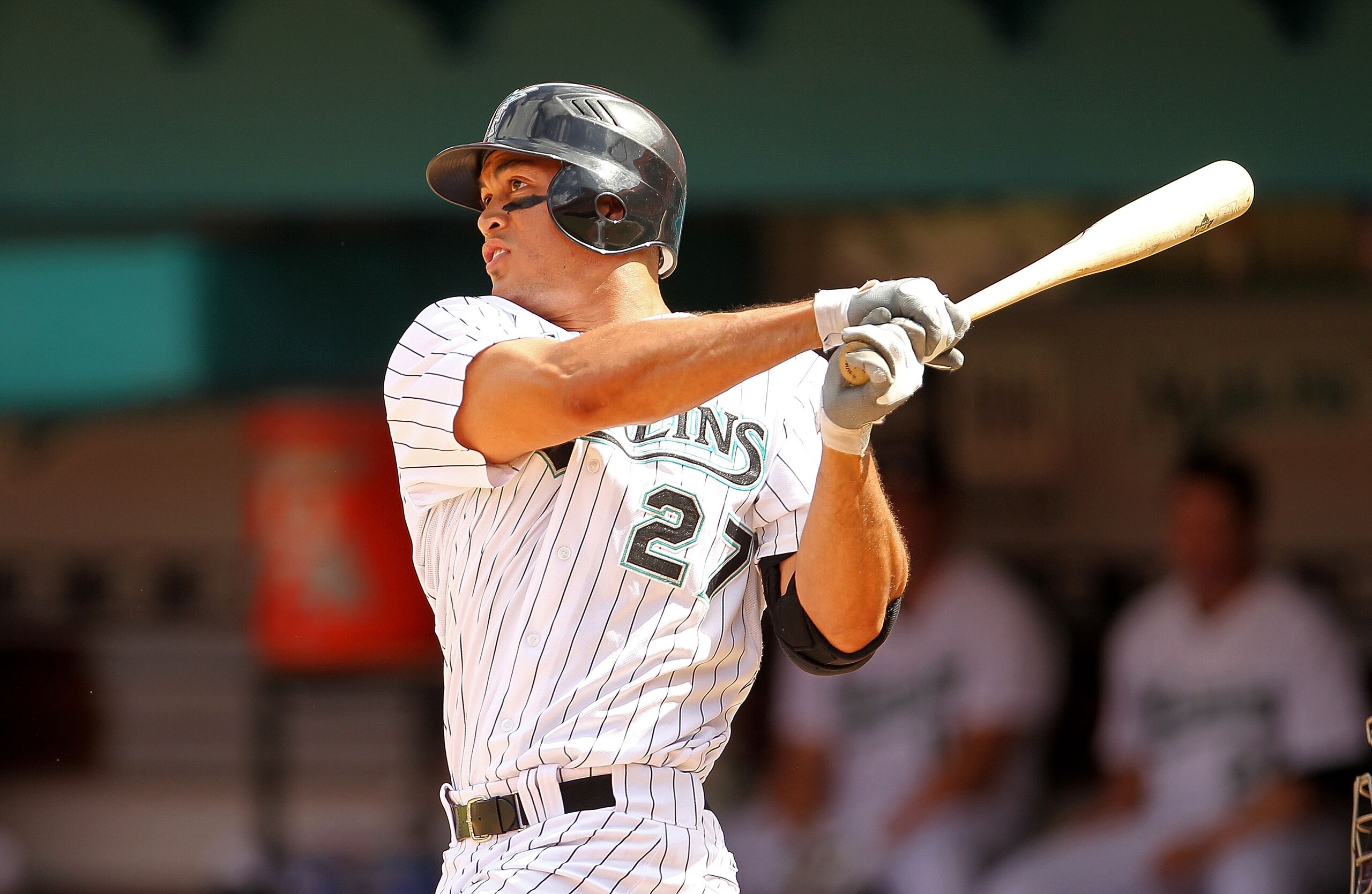 MIAMI GARDENS, FL - APRIL 24:  Mike Stanton #27 of the Florida Marlins hits a 3 run HR during a game against the Colorado Rockies at Sun Life Stadium on April 24, 2011 in Miami Gardens, Florida.  (Photo by Mike Ehrmann/Getty Images)