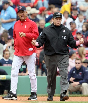 BOSTON, MA - MAY 08:  Manager Terry Francona #47 of the Boston Red Sox argued a home run call with Paul Schrieber #43 in the fourth inning against the Minnesota Twins on May 8, 2011 at Fenway Park in Boston, Massachusetts.  (Photo by Elsa/Getty Images)