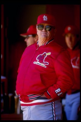 Manager Whitey Herzog of the St. Louis Cardinals looks on.