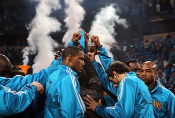 NEW ORLEANS, LA - APRIL 28:  The New Orleans Hornets huddle before a game against the Los Angeles Lakers in Game Six of the Western Conference Quarterfinals in the 2011 NBA Playoffs on April 28, 2011 at New Orleans Arena in New Orleans, Louisiana.  NOTE T