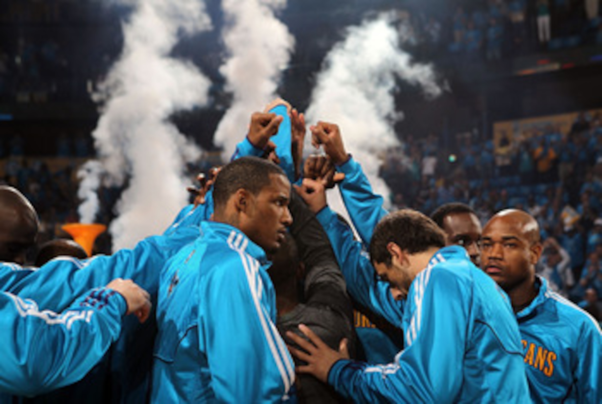 NEW ORLEANS, LA - APRIL 28:  The New Orleans Hornets huddle before a game against the Los Angeles Lakers in Game Six of the Western Conference Quarterfinals in the 2011 NBA Playoffs on April 28, 2011 at New Orleans Arena in New Orleans, Louisiana.  NOTE T