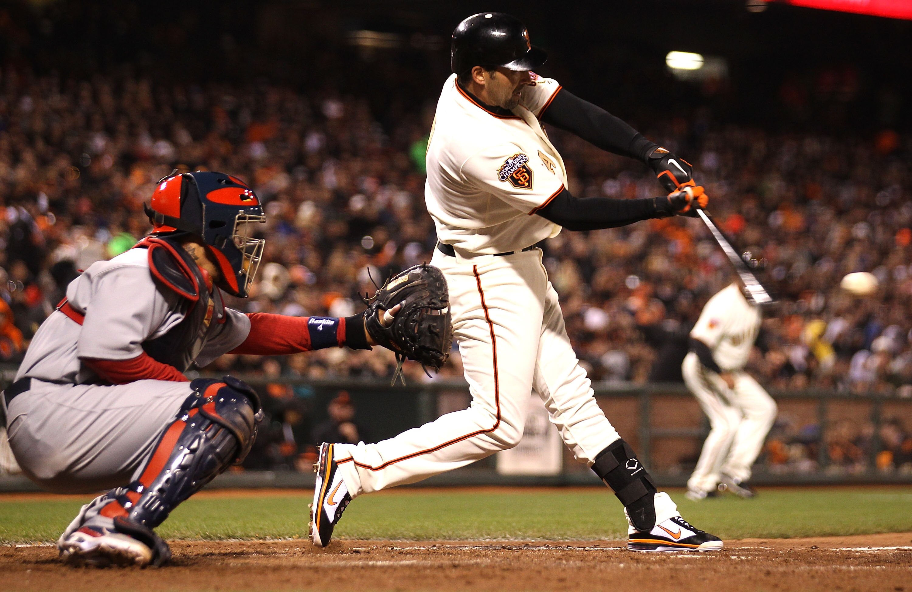 SAN FRANCISCO, CA - APRIL 09:  Mark DeRosa #7 of the San Francisco Giants hits an RBI single in the fifth inning against the St. Louis Cardinals at AT&T Park on April 9, 2011 in San Francisco, California.  (Photo by Jed Jacobsohn/Getty Images)