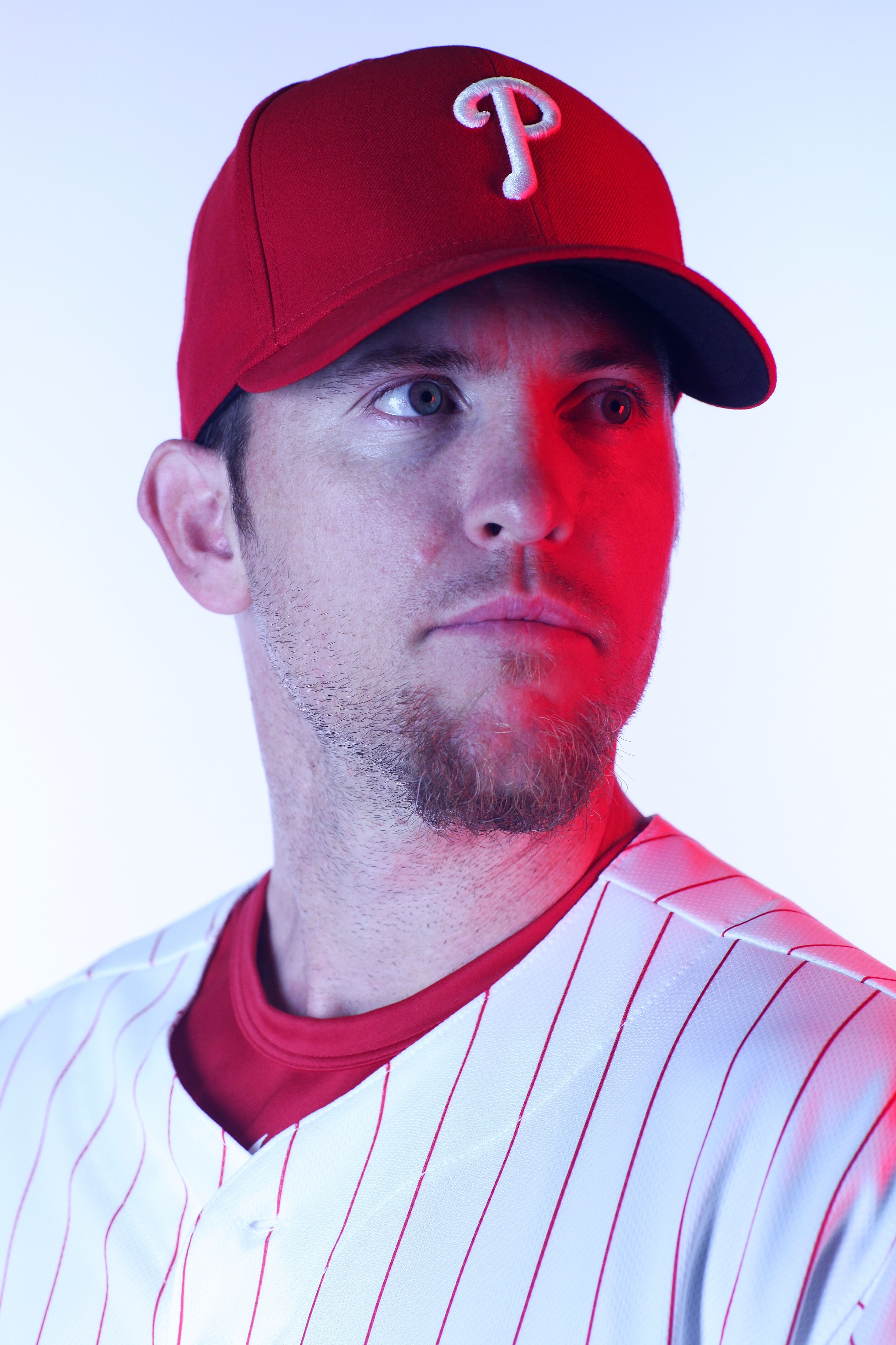 CLEARWATER, FL - FEBRUARY 22:  (EDITORS NOTE: Image was shot with a colored gel on lights) Brad Lidge #54 of the Philadelphia Phillies poses for a photo during Spring Training Media Photo Day at Bright House Networks Field on February 22, 2011 in Clearwat