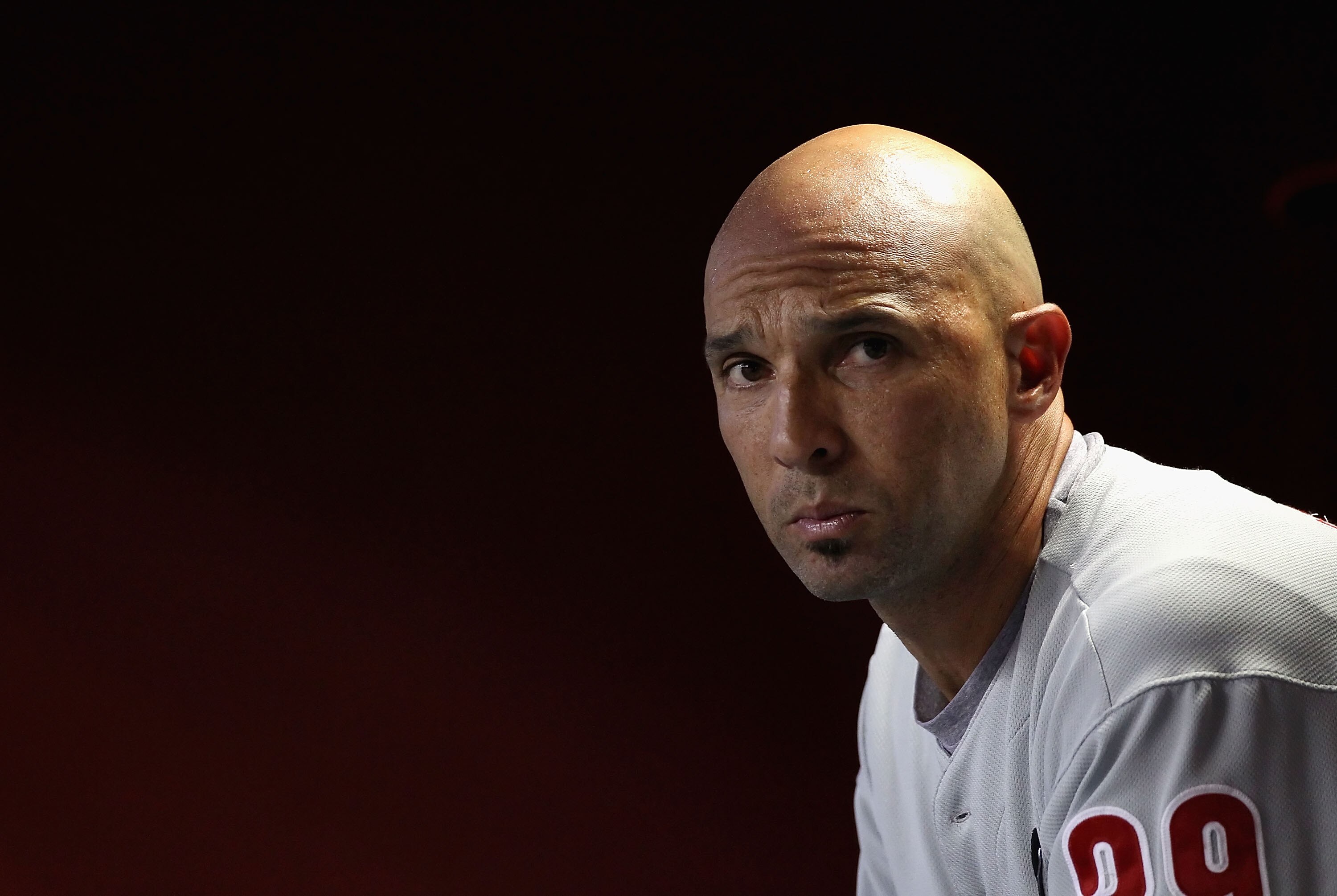 PHOENIX, AZ - APRIL 25:  Raul Ibanez #29 of the Philadelphia Phillies sits in the dugout during the Major League Baseball game against the Arizona Diamondbacks at Chase Field on April 25, 2011 in Phoenix, Arizona.  (Photo by Christian Petersen/Getty Image