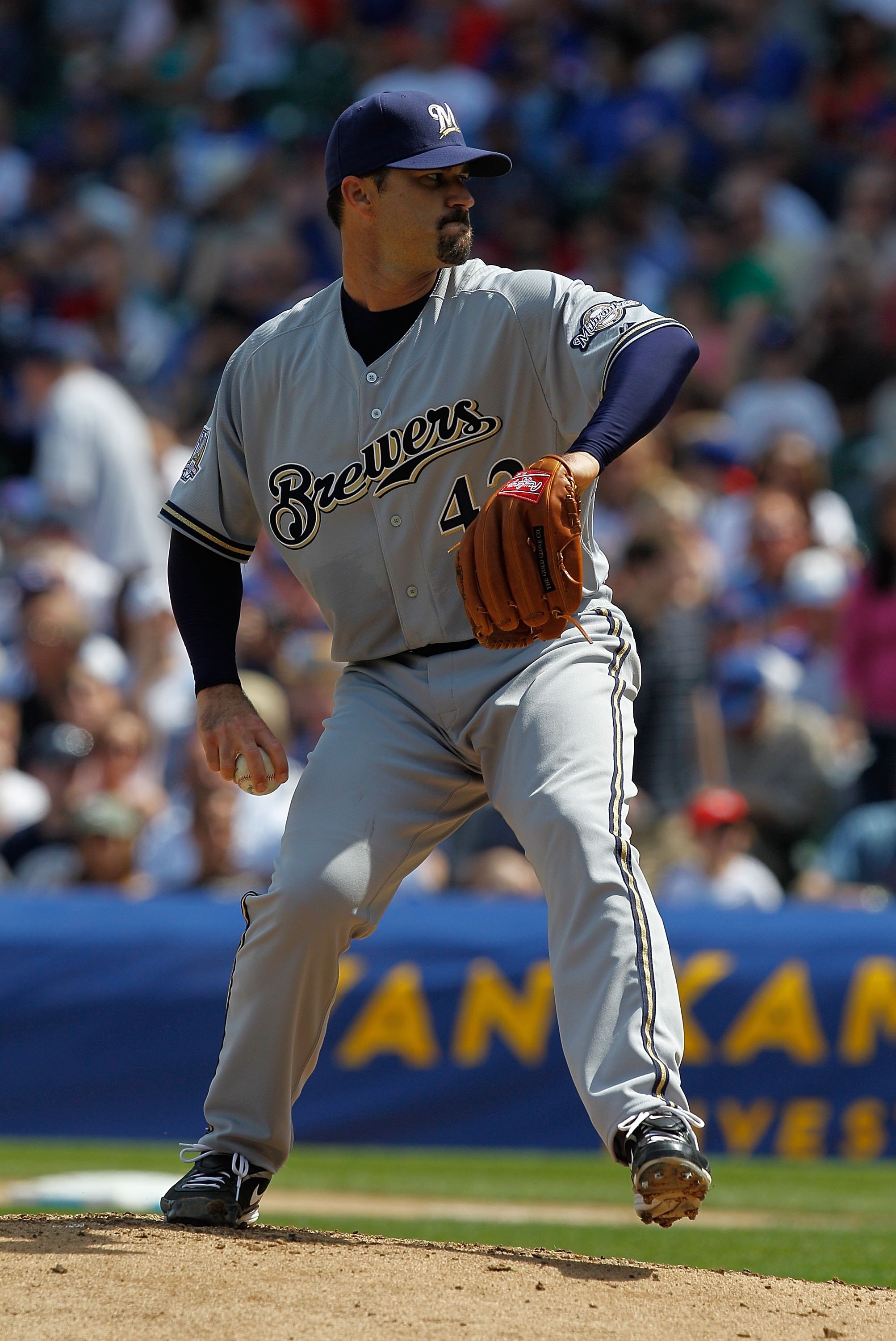 CHICAGO - APRIL 15: Starting pitcher Jeff Suppan of the Milwaukee Brewers, wearing a number 42 jersey in honor of Jackie Robinson, delivers the ball against the Chicago Cubs at Wrigley Field on April 15, 2010 in Chicago, Illinois. The Brewers defeated the