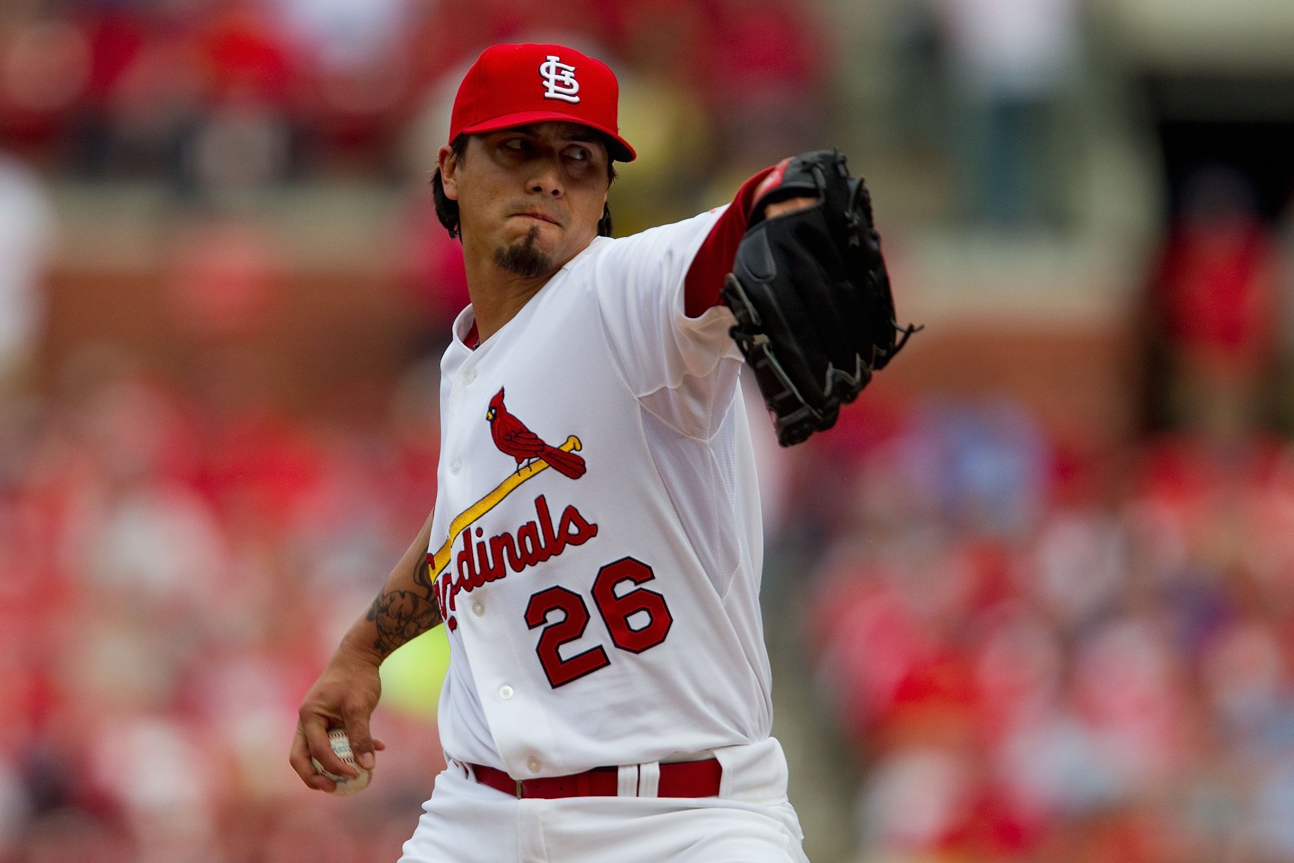 ST. LOUIS, MO - MAY 7: Starter Kyle Lohse #26 of the St. Louis Cardinals pitches against the Milwaukee Brewers at Busch Stadium on May 7, 2011 in St. Louis, Missouri.  (Photo by Dilip Vishwanat/Getty Images)