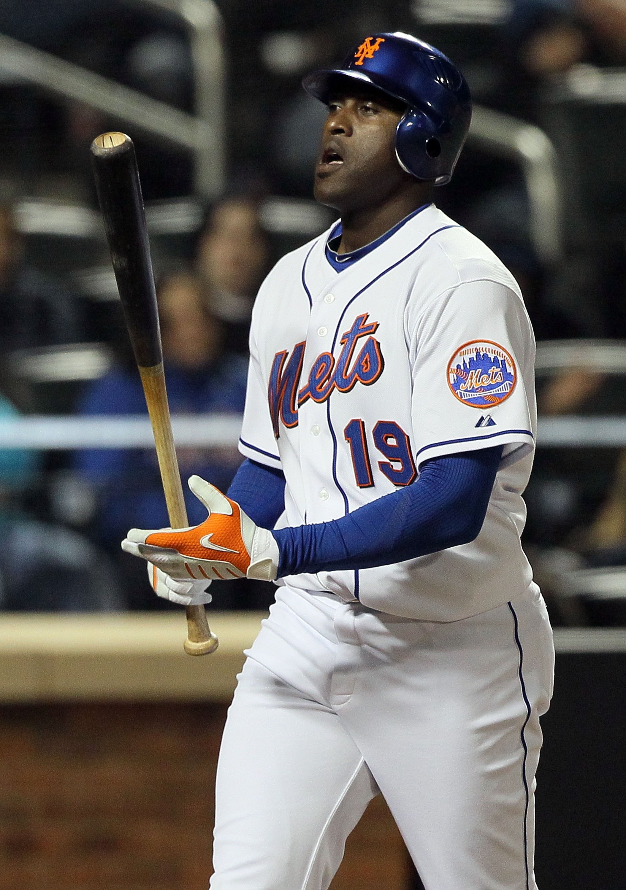 NEW YORK - MAY 10:  Pinch hitter Gary Matthews Jr #19 of the New York Mets walks back to the dugout after striking out against the Washington Nationals on May 10, 2010 at Citi Field in the Flushing neighborhood of the Queens borough of New York City.  (Ph