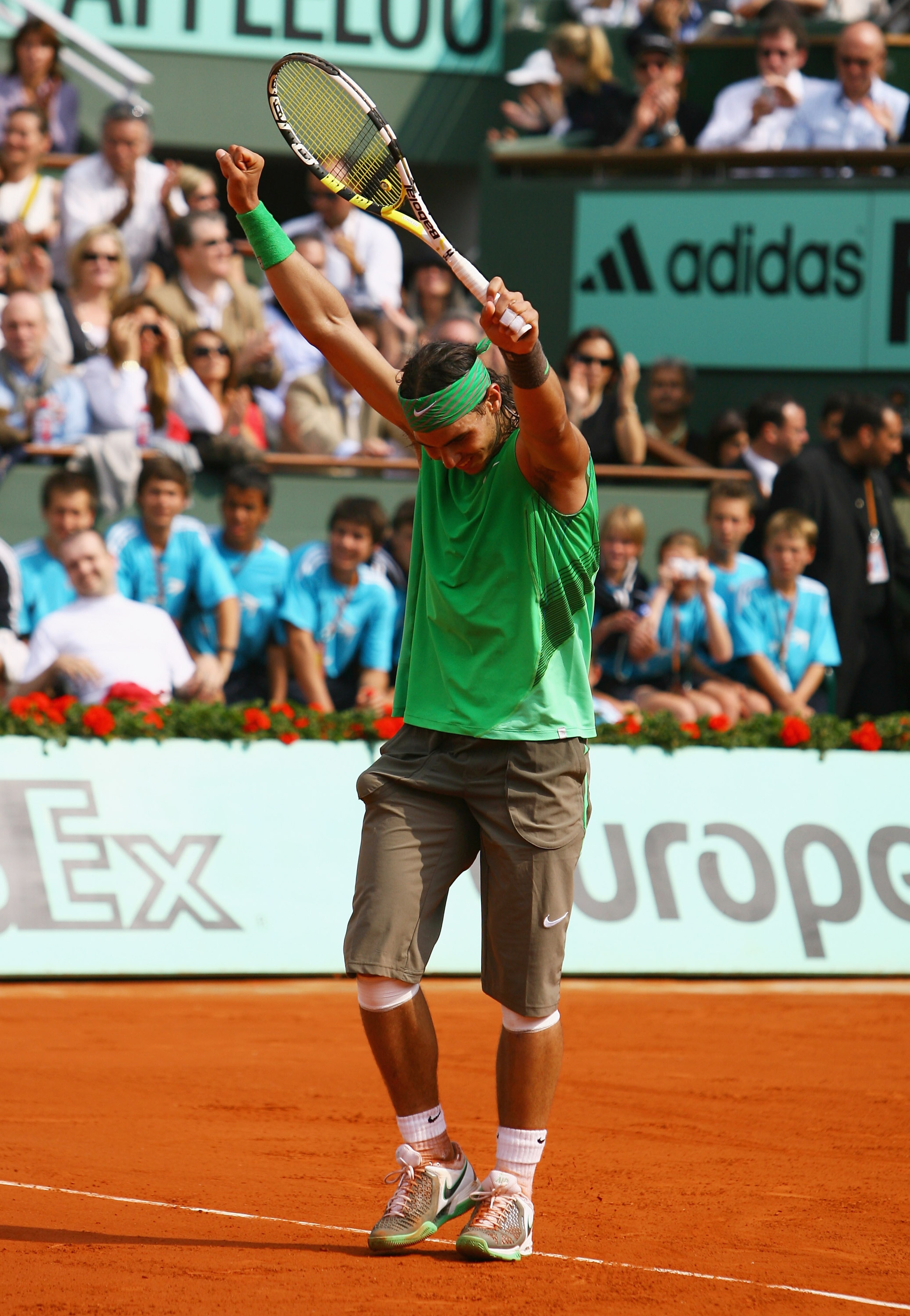 PARIS - JUNE 08:  Rafael Nadal of Spain celebrates as he clinches victory during the Men's Singles Final match against Roger Federer of Switzerland on day fifteen of the French Open at Roland Garros on June 8, 2008 in Paris, France.  (Photo by Julian Finn