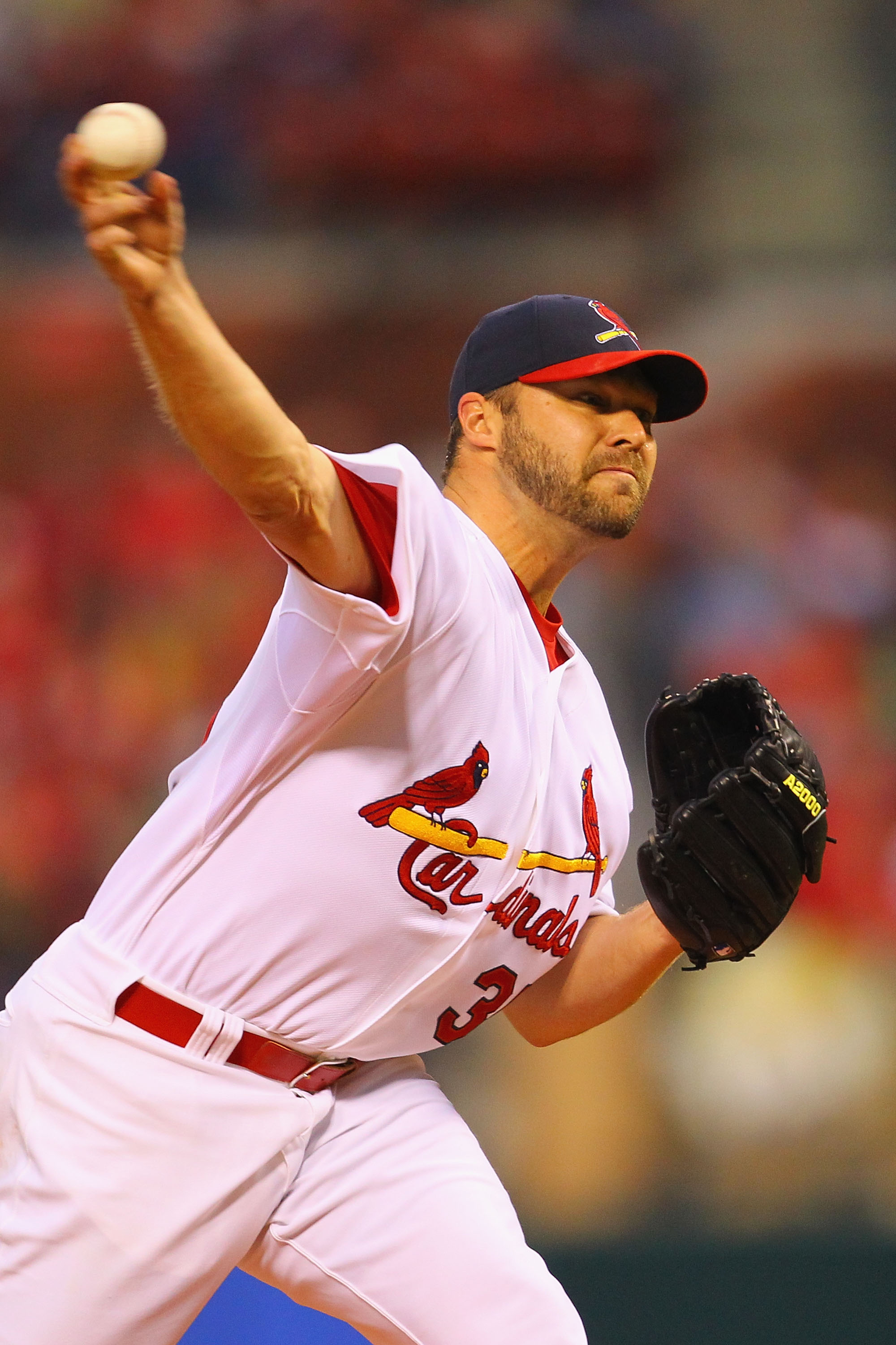 ST. LOUIS, MO - APRIL 24: Starter Jake Westbrook #35 of the St. Louis Cardinals pitches against the Cincinnati Reds at Busch Stadium on April 24, 2011 in St. Louis, Missouri.  (Photo by Dilip Vishwanat/Getty Images)