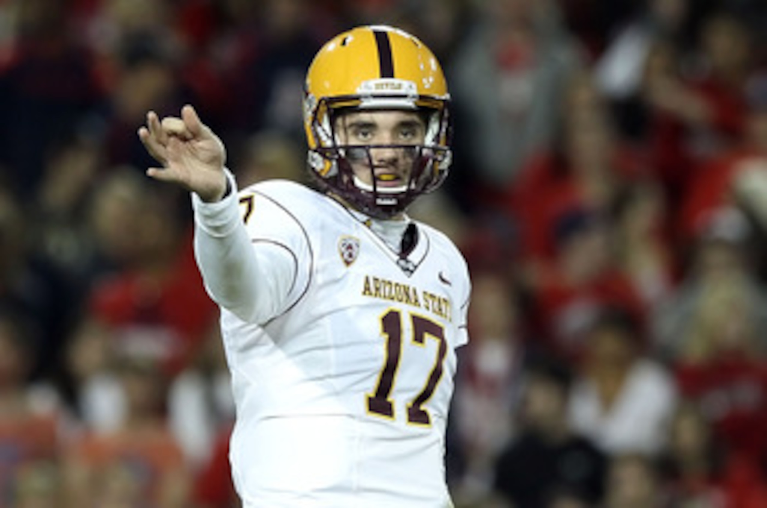 TUCSON, AZ - DECEMBER 02:  Quarterback Brock Osweiler #17 of the Arizona State Sun Devils during the college football game at Arizona Stadium on December 2, 2010 in Tucson, Arizona. The Sun Devils defeated the Wildcats 30-29 in double overtime.  (Photo by