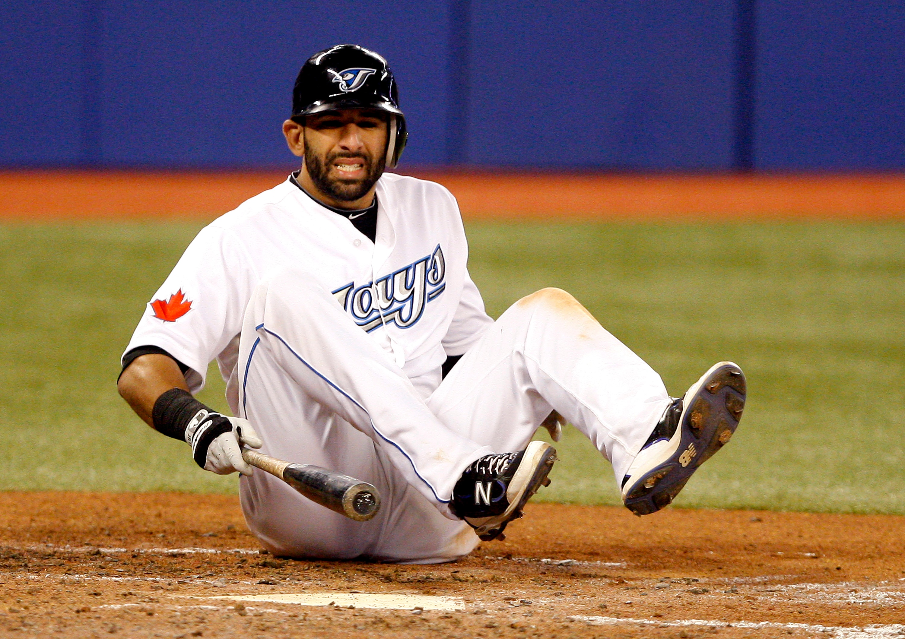 TORONTO, CANADA - MAY 9: Jose Bautista #19 of the Toronto Blue Jays dodges a pitch during MLB action against the Detroit Tigers at the Rogers Centre May 9, 2011 in Toronto, Ontario, Canada. (Photo by Abelimages/Getty Images)
