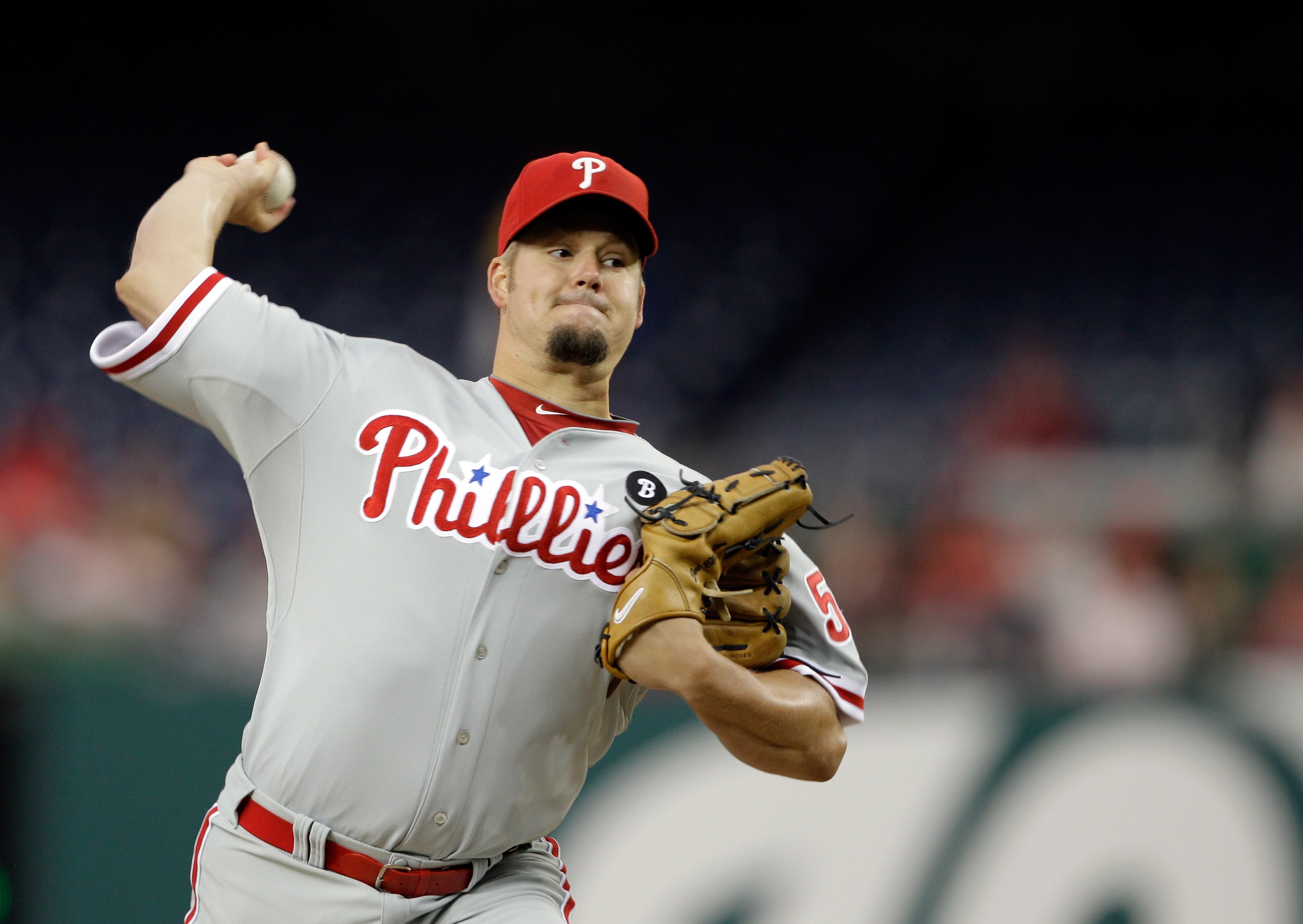 WASHINGTON, DC - APRIL 12: Pitcher Joe Blanton #56 of the Philadelphia Phillies delivers to a Washington Nationals batter at Nationals Park on April 12, 2011 in Washington, DC. (Photo by Rob Carr/Getty Images)