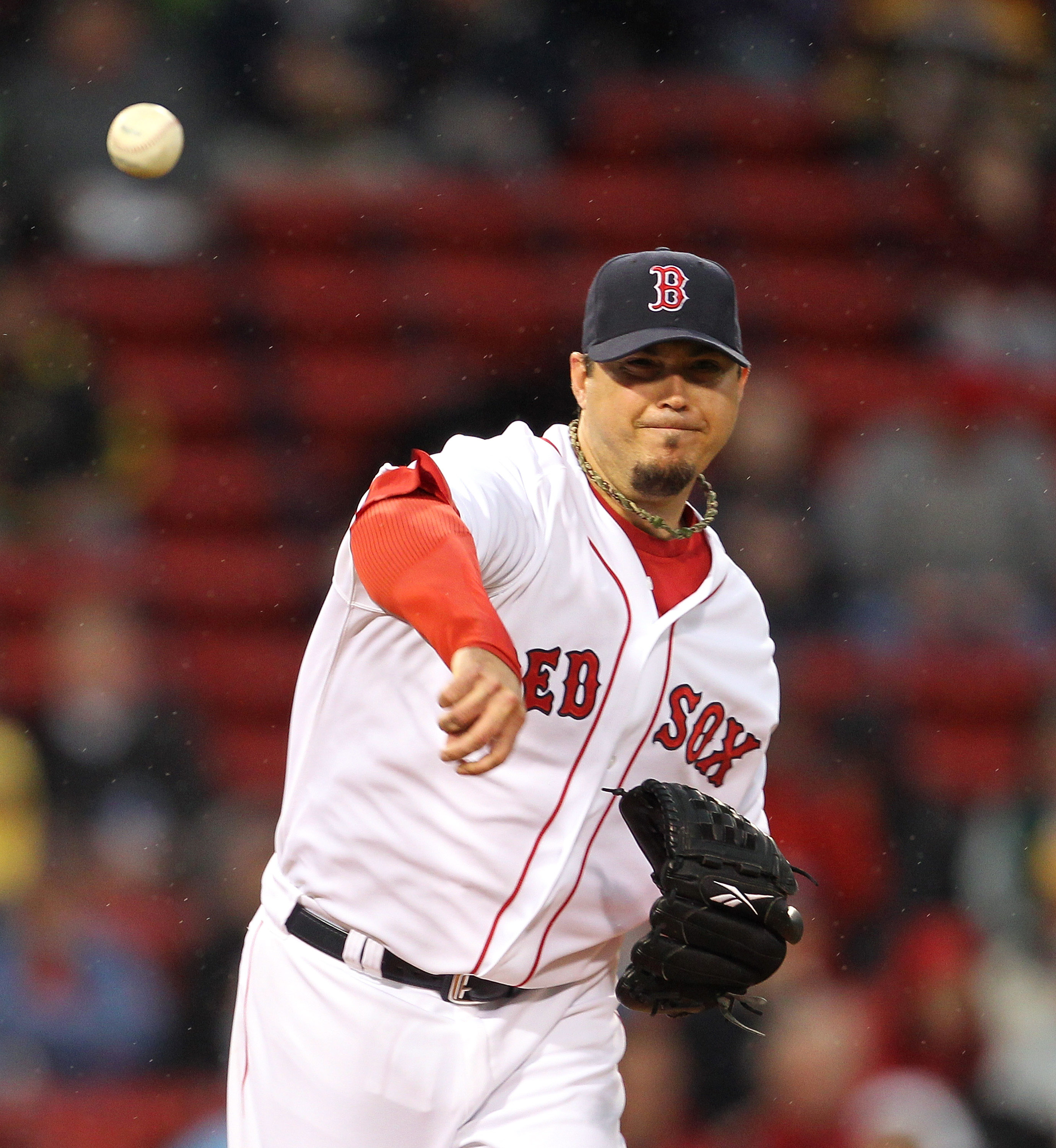 BOSTON, MA - MAY 4:  Josh Beckett #19 of the Boston Red Sox throws to first against the Los Angeles Angels of Anaheim at Fenway Park on May 4, 2011 in Boston, Massachusetts. (Photo by Jim Rogash/Getty Images)