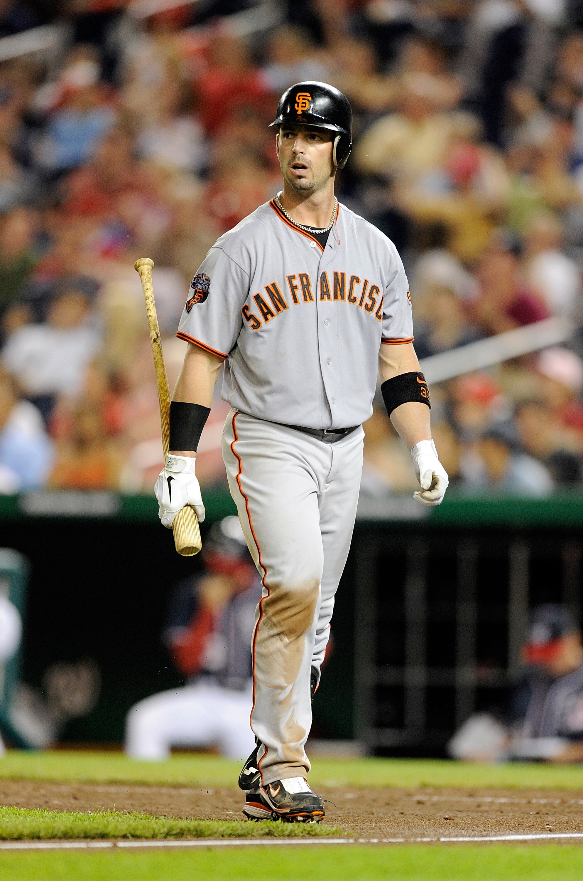 WASHINGTON, DC - MAY 02:  Aaron Rowand #33 of the San Francisco Giants walks to the dugout after lining out in the ninth inning against the Washington Nationals at Nationals Park on May 2, 2011 in Washington, DC. The Nationals won the game 2-0. (Photo by