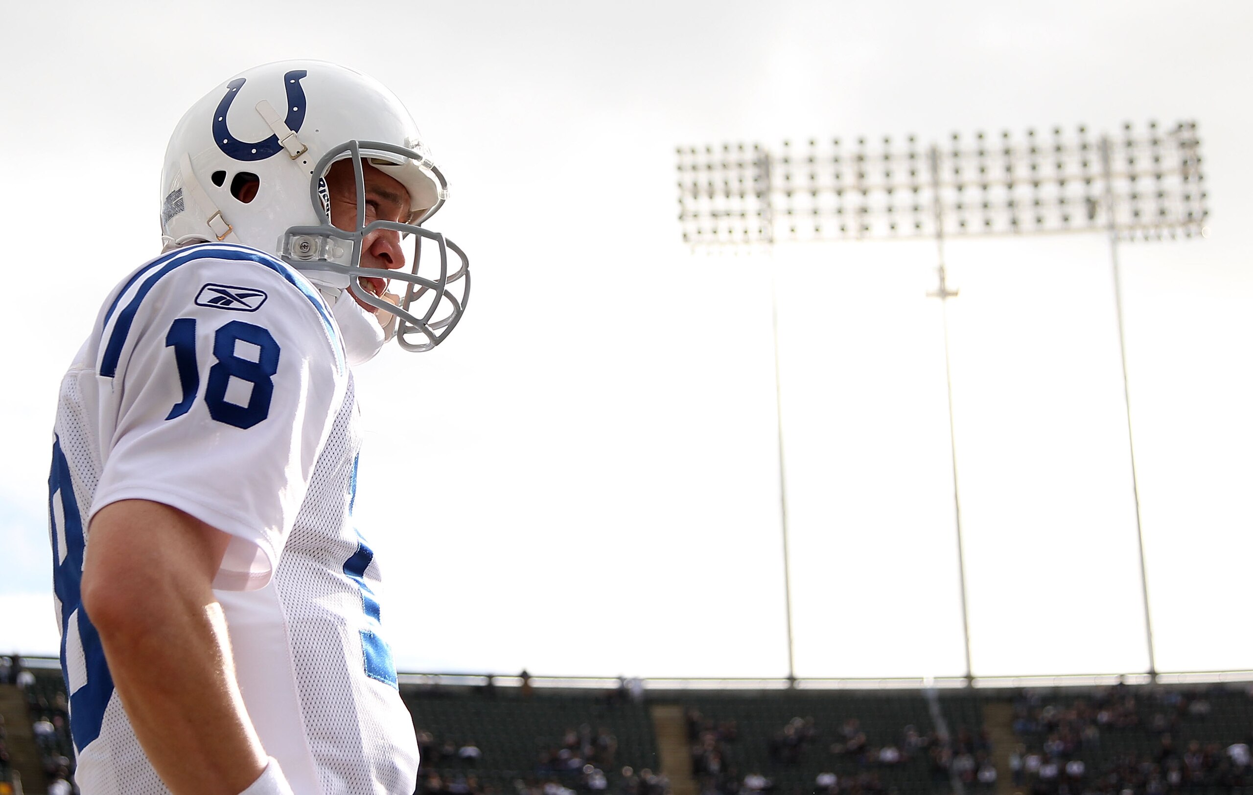 OAKLAND, CA - DECEMBER 26: Peyton Manning #18 of the Indianapolis Colts looks on against the Oakland Raiders during an NFL game at Oakland-Alameda County Coliseum on December 26, 2010 in Oakland, California. (Photo by Jed Jacobsohn/Getty Images) OAKLAND, CA - DECEMBER 26: Peyton Manning #18 of the Indianapolis Colts looks on against the Oakland Raiders during an NFL game at Oakland-Alameda County Coliseum on December 26, 2010 in Oakland, California. (Photo by Jed Jacobsohn/Getty Images)