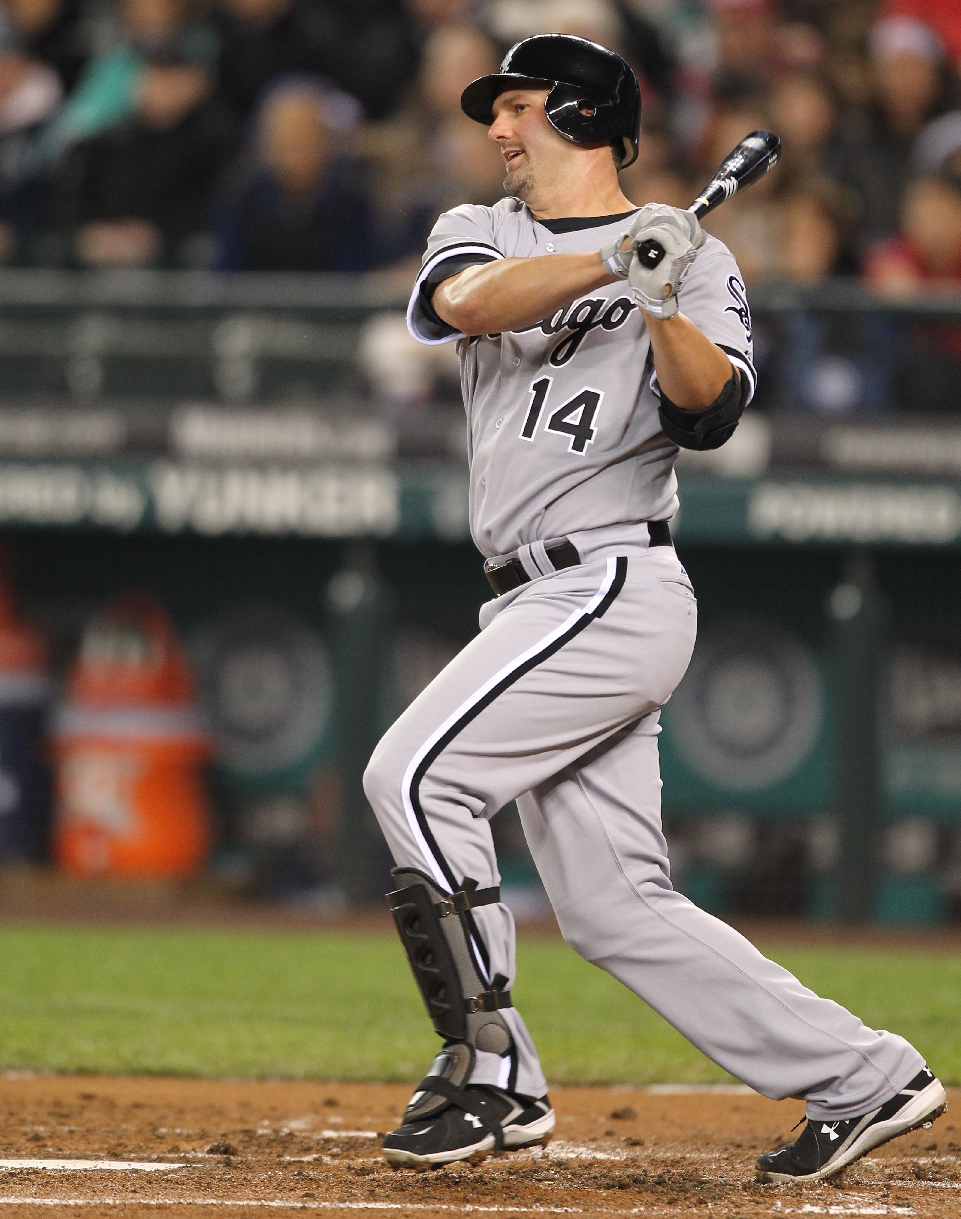 SEATTLE - MAY 06:  Paul Konerko #14 of the Chicago White Sox bats against the Seattle Mariners at Safeco Field on May 6, 2011 in Seattle, Washington. The Mariners won 3-2. (Photo by Otto Greule Jr/Getty Images)