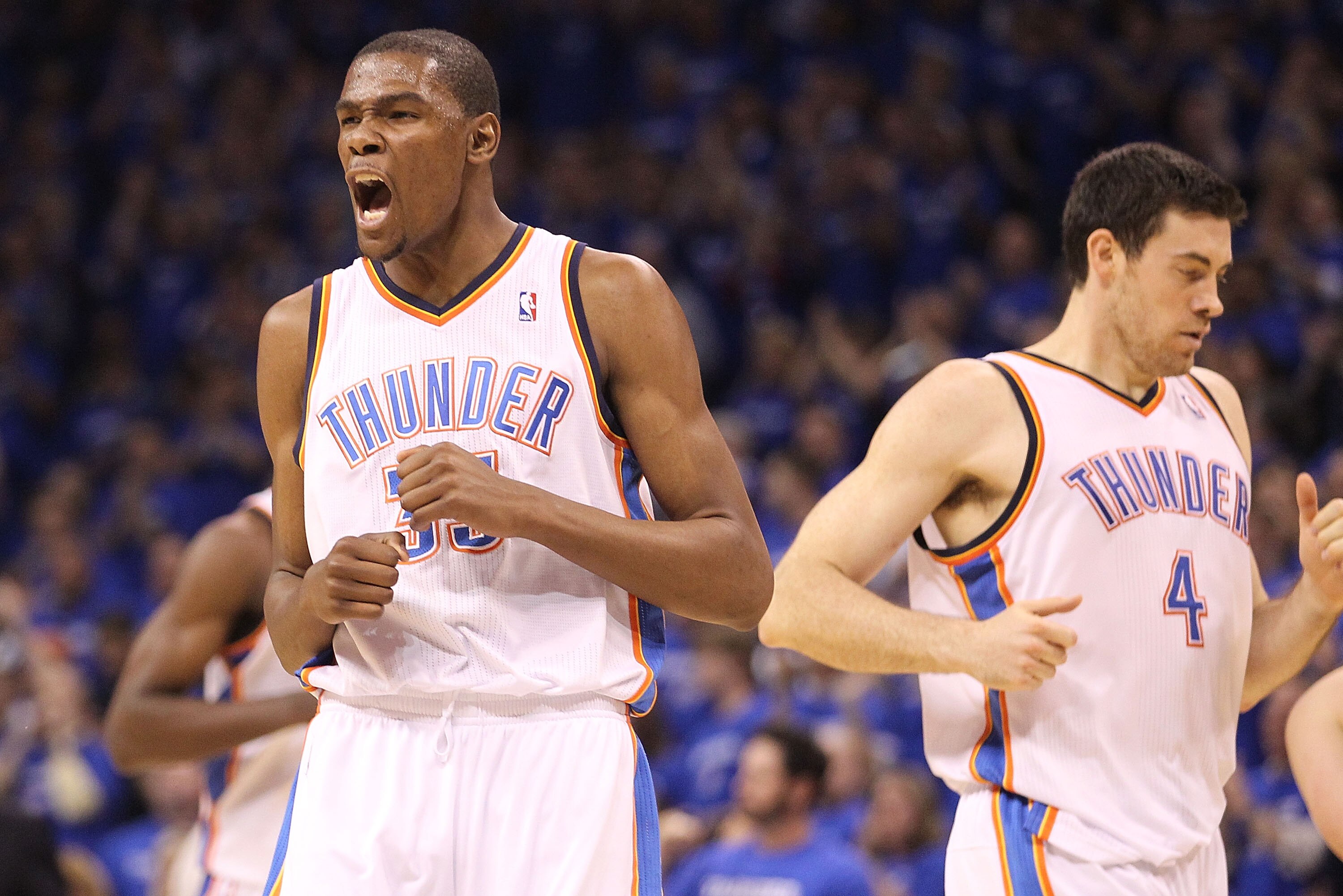 OKLAHOMA CITY, OK - MAY 03:  Forward Kevin Durant #35 of the Oklahoma City Thunder reacts against the Memphis Grizzlies in Game Two of the Western Conference Semifinals in the 2011 NBA Playoffs on May 3, 2011 at Oklahoma City Arena in Oklahoma City, Oklah