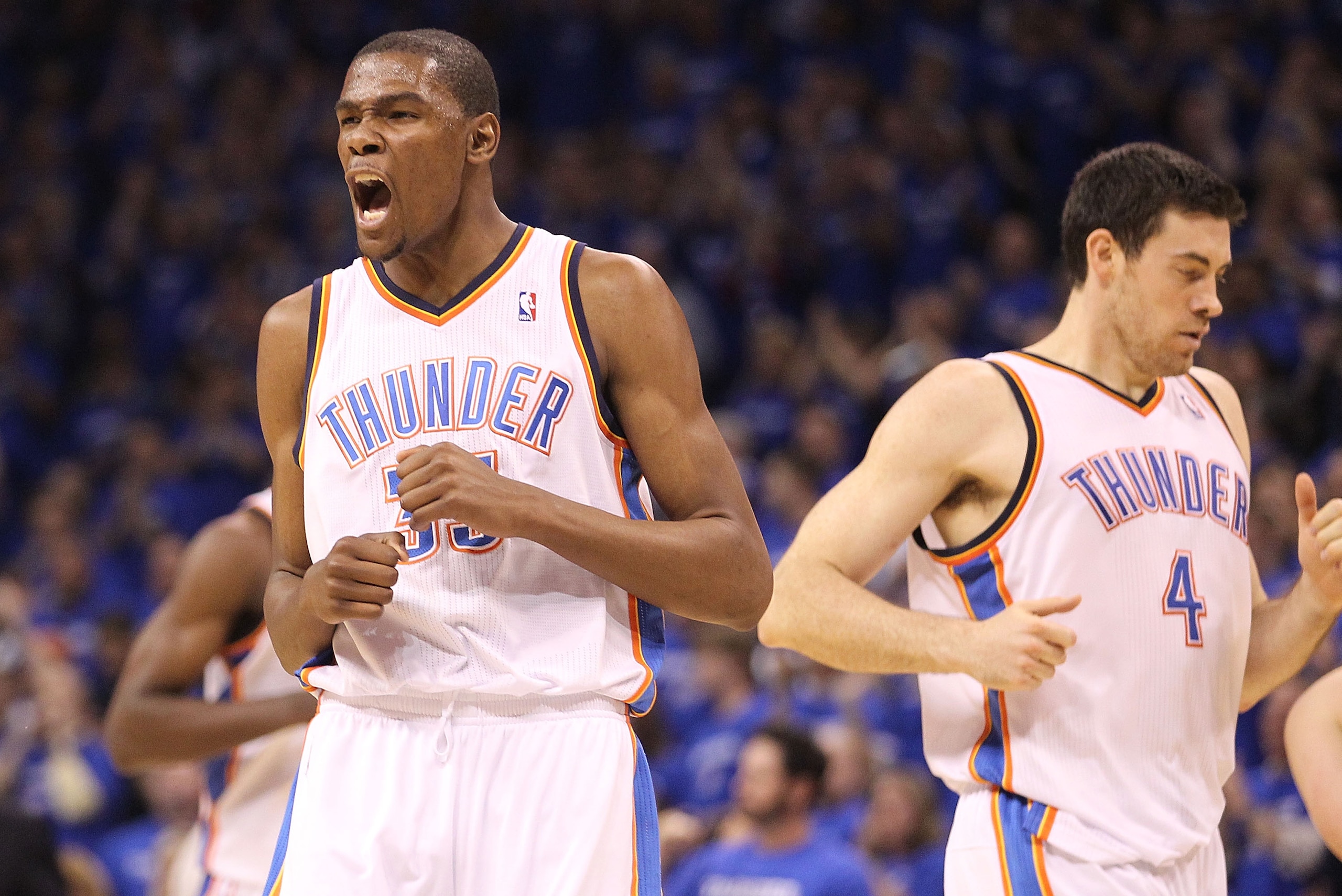OKLAHOMA CITY, OK - MAY 03: Forward Kevin Durant #35 of the Oklahoma City Thunder reacts against the Memphis Grizzlies in Game Two of the Western Conference Semifinals in the 2011 NBA Playoffs on May 3, 2011 at Oklahoma City Arena in Oklahoma City, Oklah OKLAHOMA CITY, OK - MAY 03: Forward Kevin Durant #35 of the Oklahoma City Thunder reacts against the Memphis Grizzlies in Game Two of the Western Conference Semifinals in the 2011 NBA Playoffs on May 3, 2011 at Oklahoma City Arena in Oklahoma City, Oklah