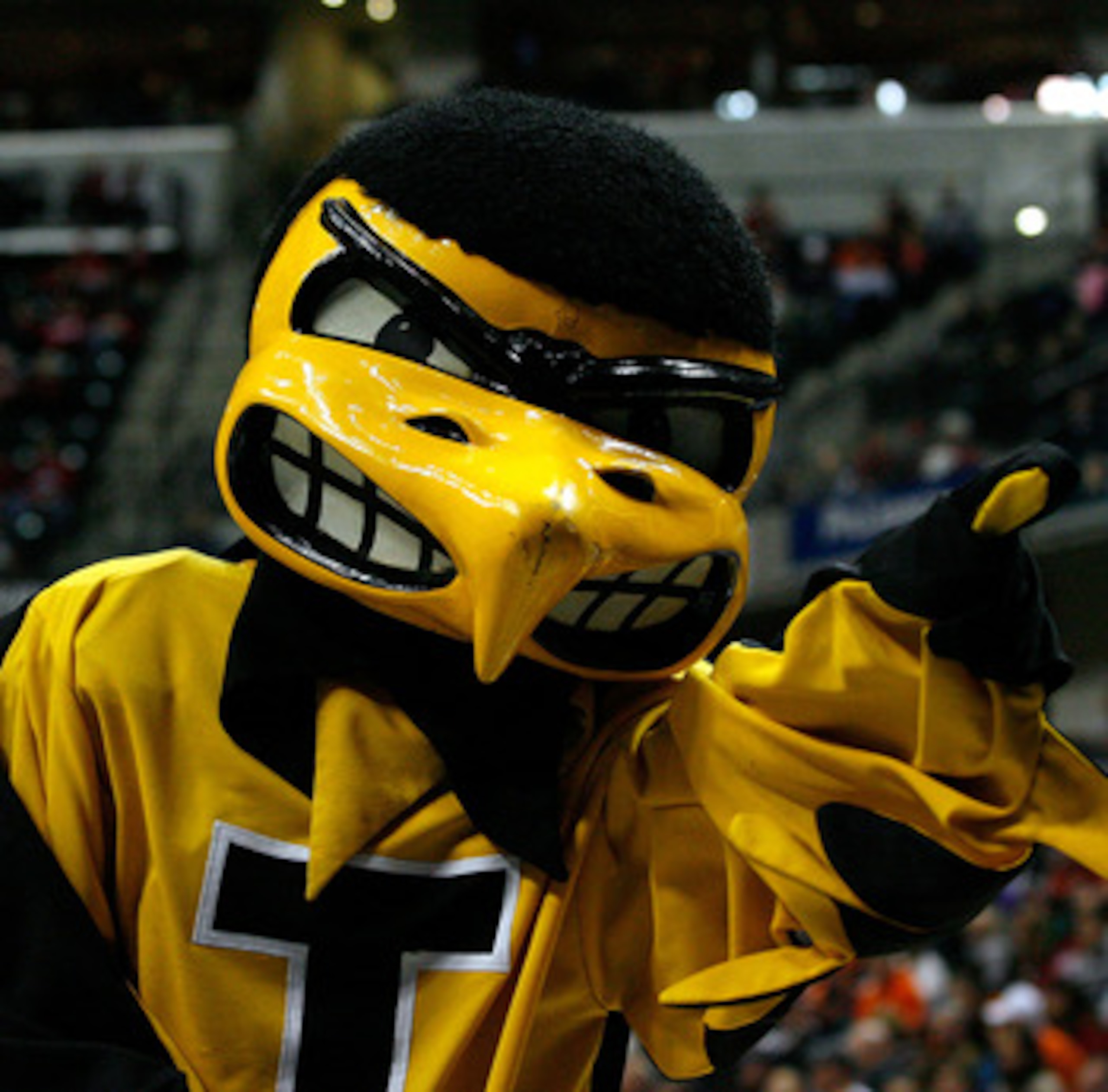INDIANAPOLIS, IN - MARCH 10:  Herky the hawk, mascot for the Iowa Hawkeyes performs against the Michigan State Spartans during the first round of the 2011 Big Ten Men's Basketball Tournament at Conseco Fieldhouse on March 10, 2011 in Indianapolis, Indiana