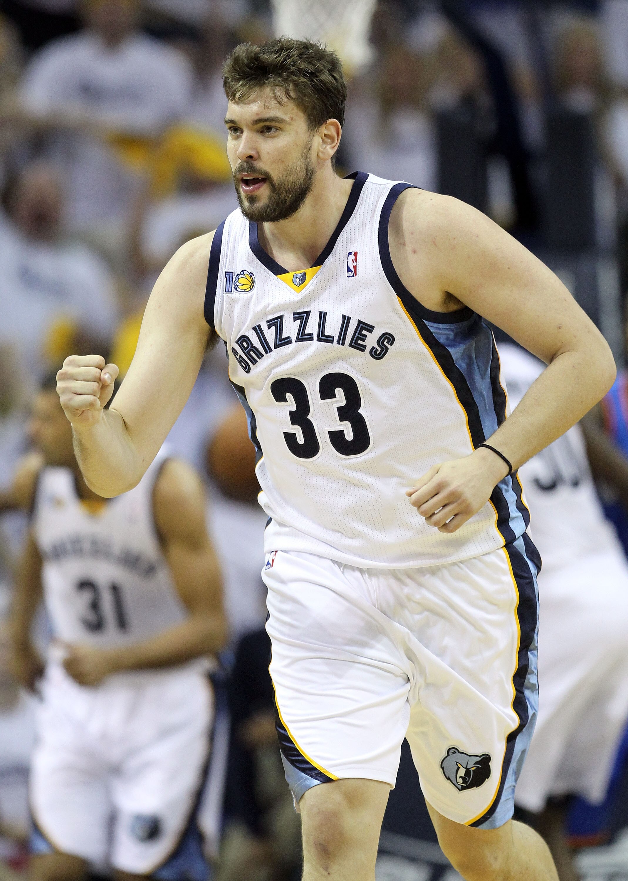 MEMPHIS, TN - MAY 07:  Marc Gasol #33 of the  Memphis Grizzlies celebrates during the game against the Oklahoma City Thunder in Game Three of the Western Conference Semifinals in the 2011 NBA Playoffs at FedExForum on May 7, 2011 in Memphis, Tennessee.The