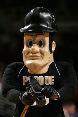 CHICAGO - MARCH 09: Purdue Pete, the mascot of the Purdue Boilermakers, performs against the Iowa Hawkeyes during the quarterfinals of the Big Ten Men's Basketball Conference Tournament March 9, 2007 at the United Center in Chicago, Illinois. (Photo by CHICAGO - MARCH 09: Purdue Pete, the mascot of the Purdue Boilermakers, performs against the Iowa Hawkeyes during the quarterfinals of the Big Ten Men's Basketball Conference Tournament March 9, 2007 at the United Center in Chicago, Illinois. (Photo by