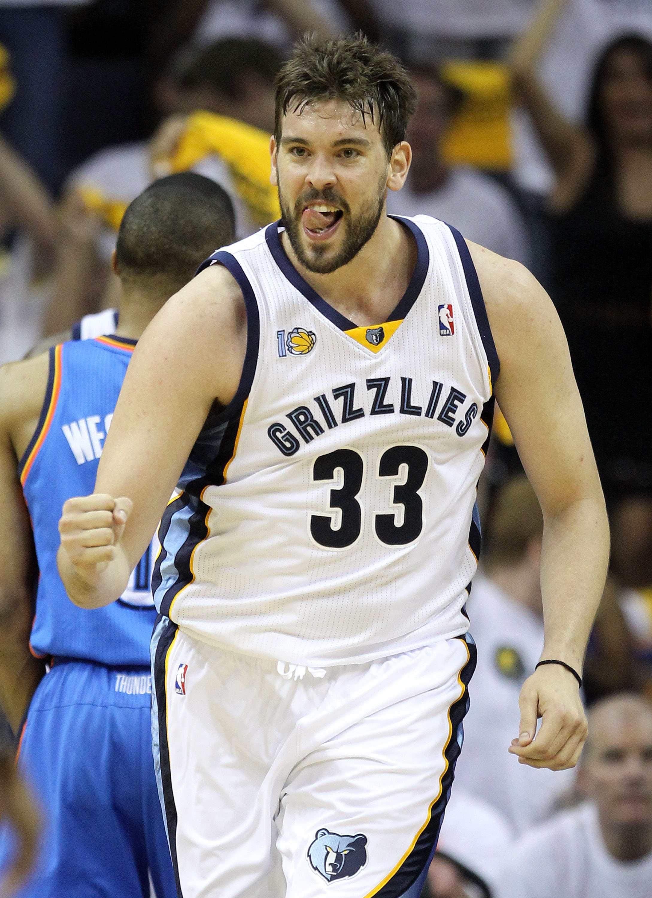 MEMPHIS, TN - MAY 09:  Marc Gasol #33 of the Memphis Grizzlies celebrates during the game against the Oklahoma City Thunder in Game Four of the Western Conference Semifinals in the 2011 NBA Playoffs at FedExForum on May 9, 2011 in Memphis, Tennessee. NOTE