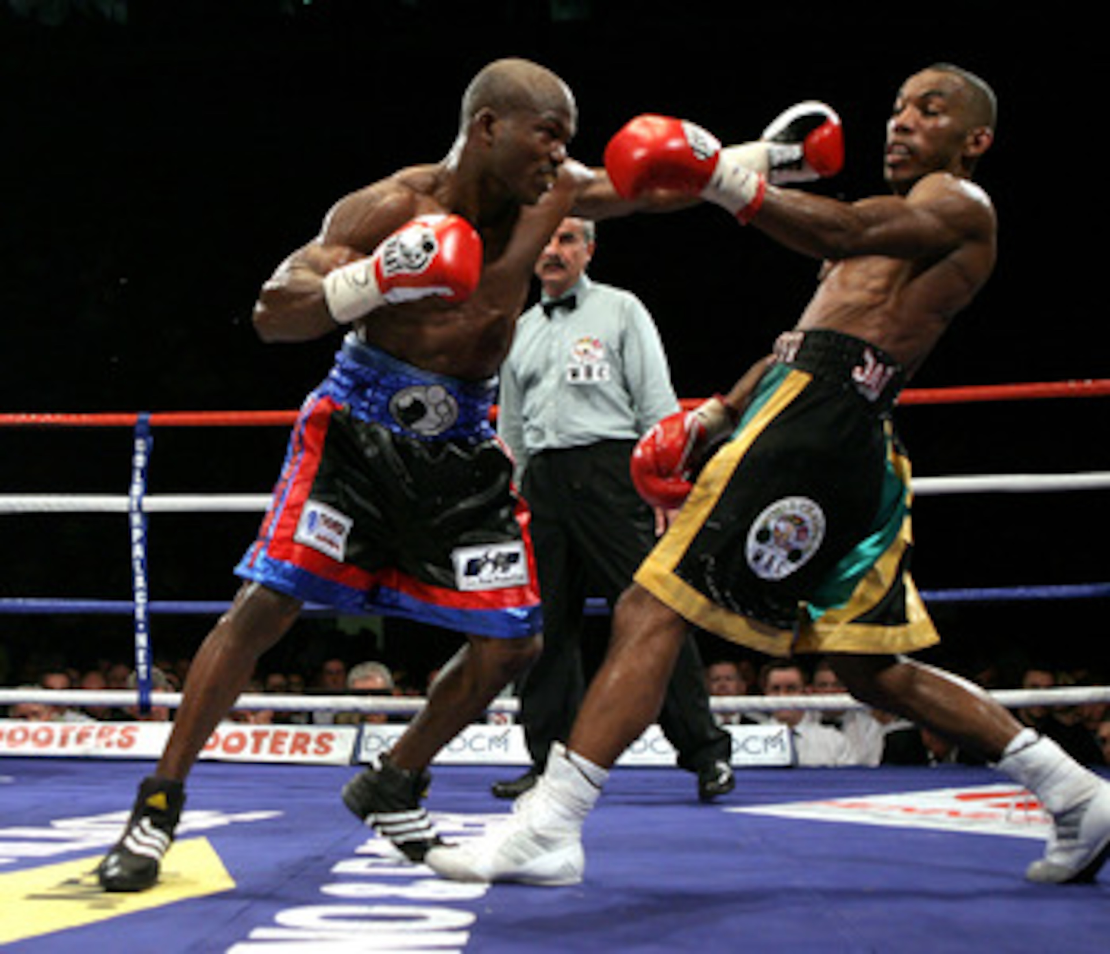 NOTTINGHAM, ENGLAND - MAY 10:  Timothy Bradley (L) misses with a left hook in his fight against Junior Witter during their WBC Light Welterweight fight on May 10, 2008 at Nottingham Ice Arena in Nottingham, England. (Photo by John Gichigi/Getty Images)
